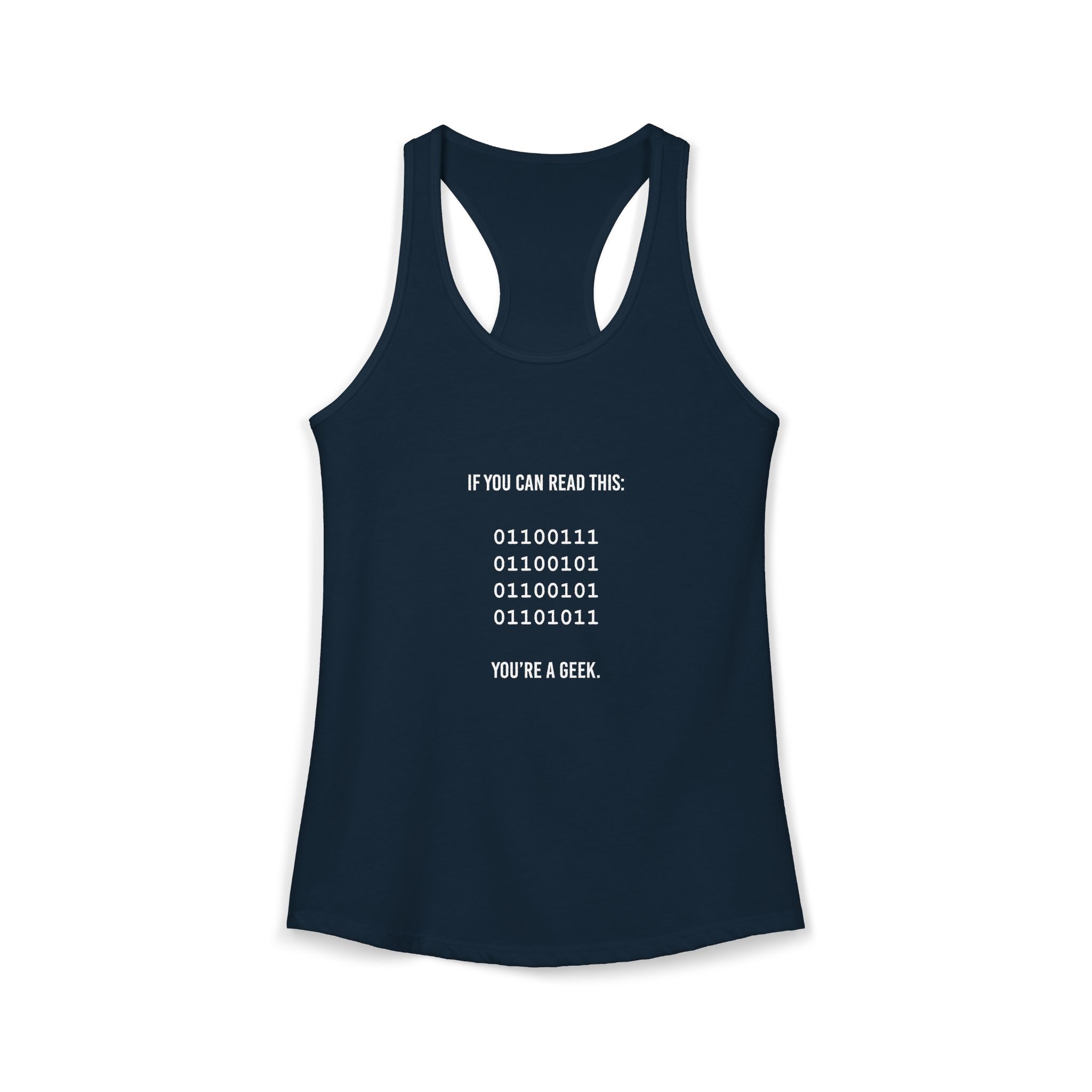 Geek Binary Code women's racerback tank in Solid Midnight Navy, front 2