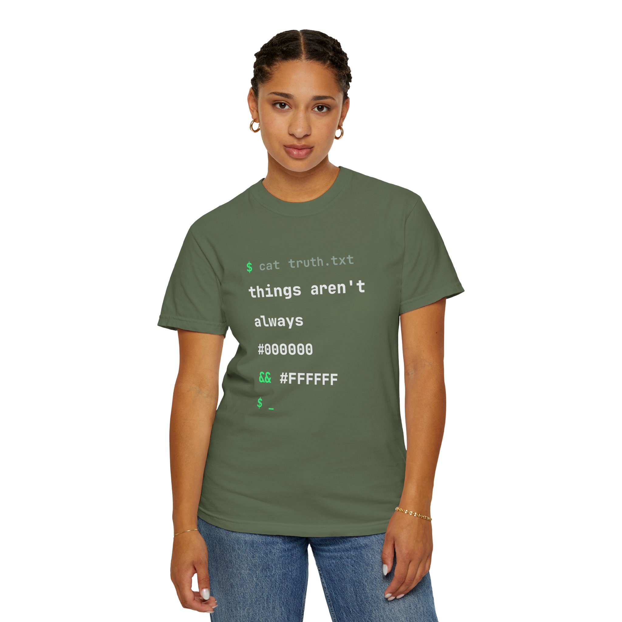 cat truth.txt T-shirt in Sage, worn by a woman, second model