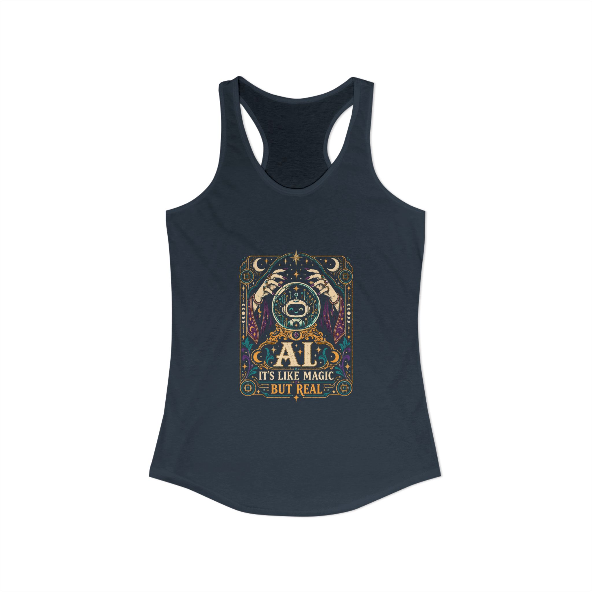 AI Magic Crystal Ball women's racerback tank in Solid Indigo, front view