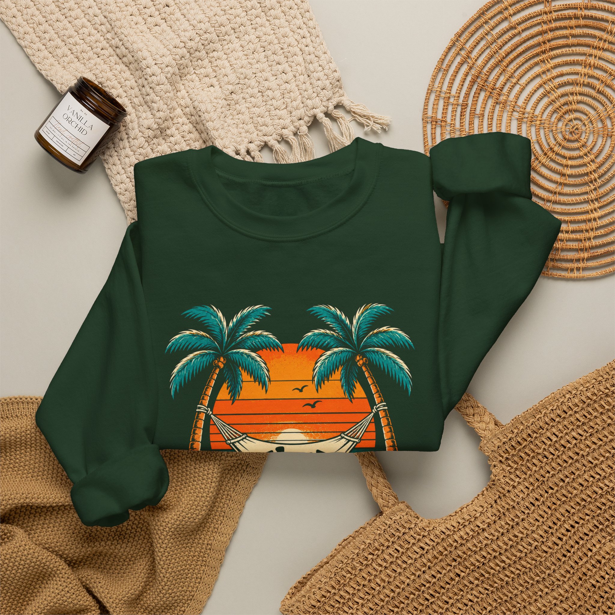 Take a Break Hammock crewneck sweatshirt in Forest Green, folded 2