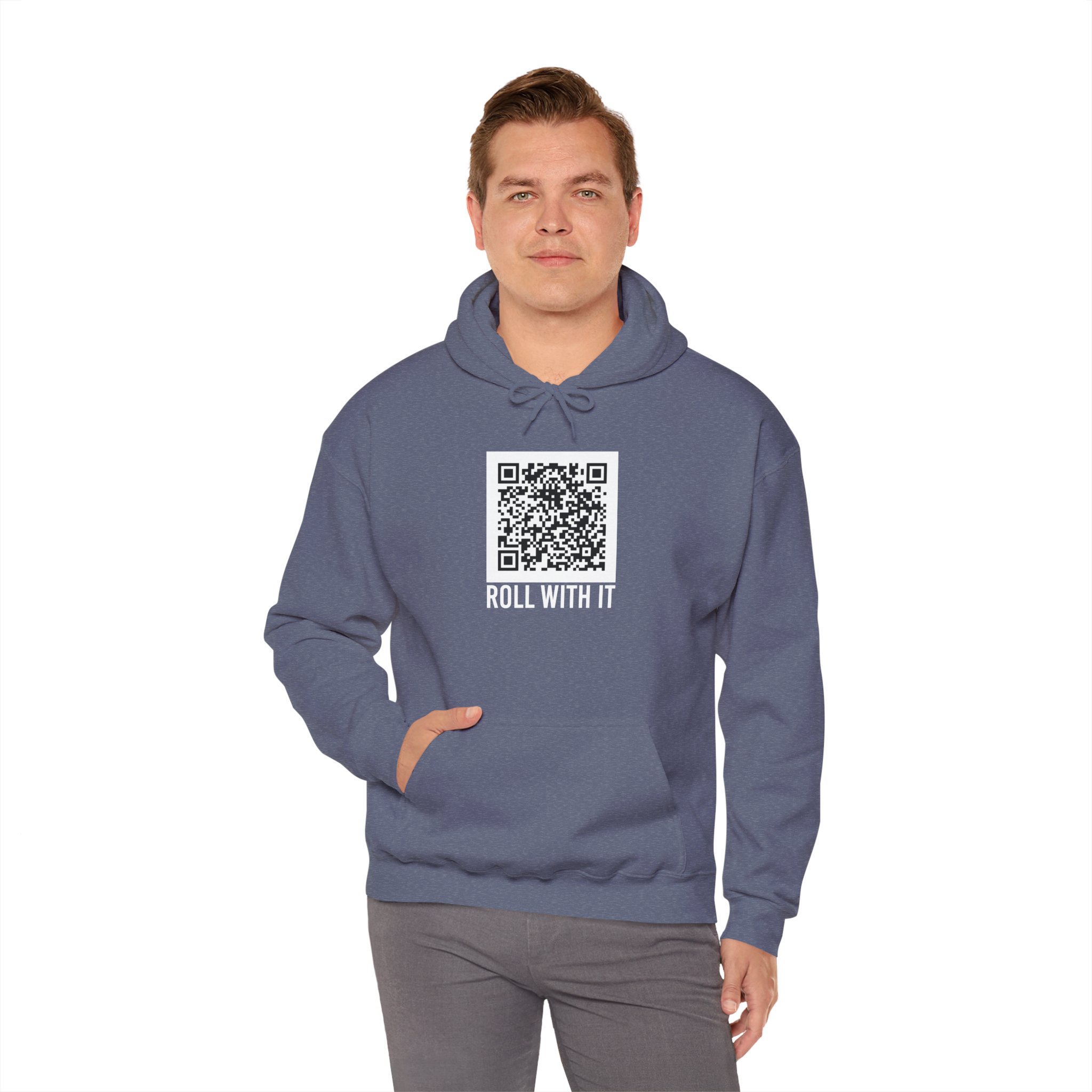 Roll With It QR Code hoodie in Heather Navy, worn by a model, fourth view
