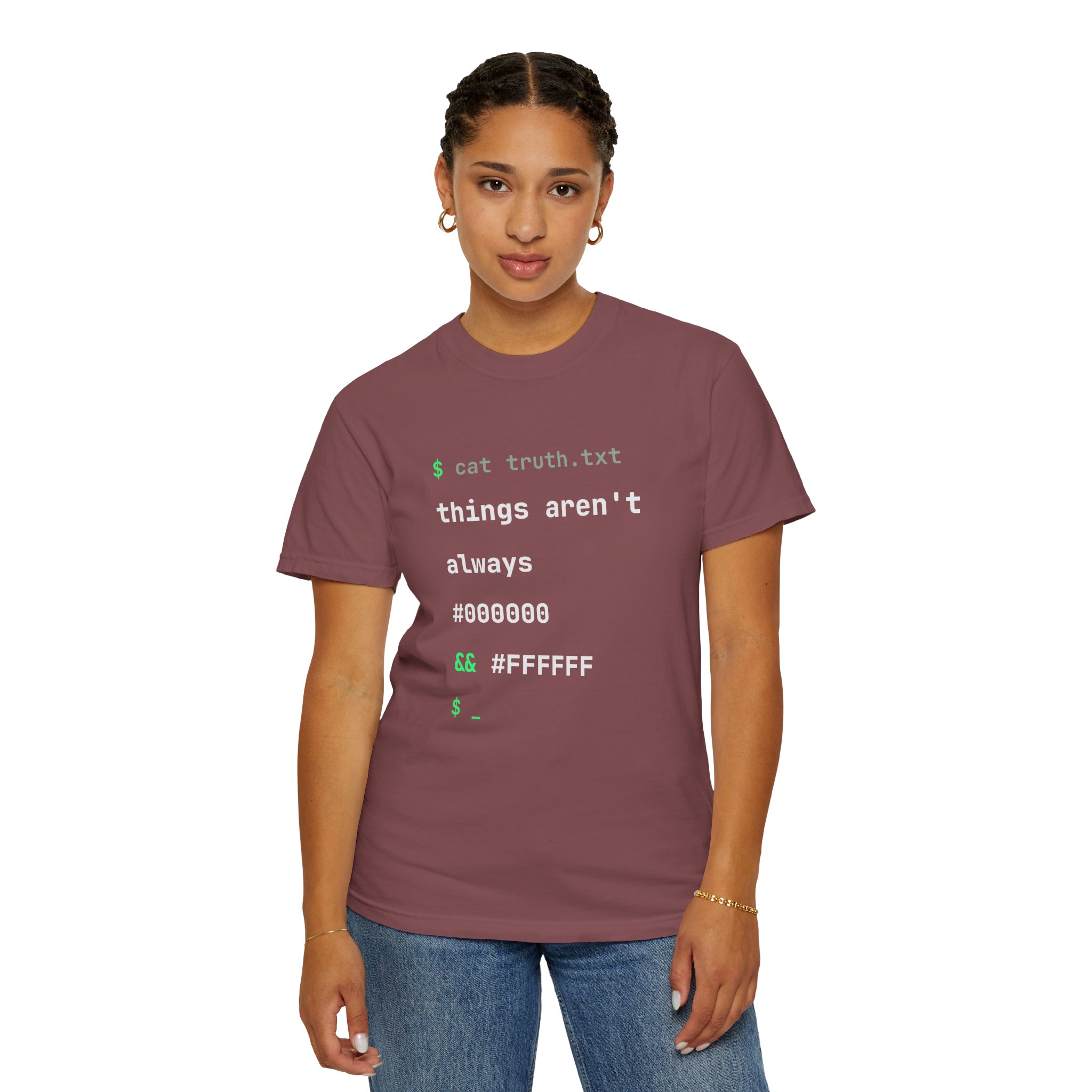 cat truth.txt T-shirt in Brick, worn by a woman, second model