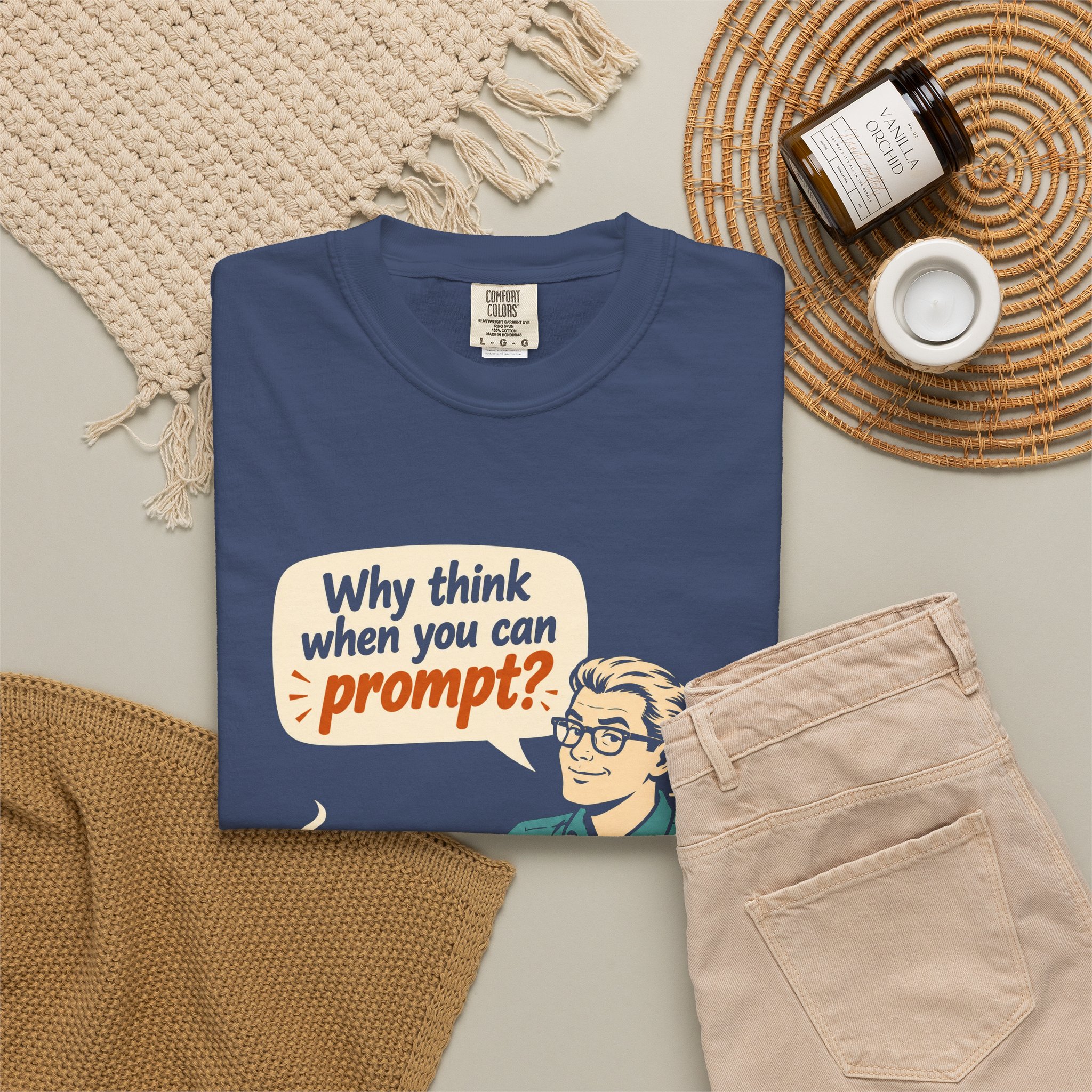 Why Think When You Can Prompt T-shirt in China Blue, folded 2
