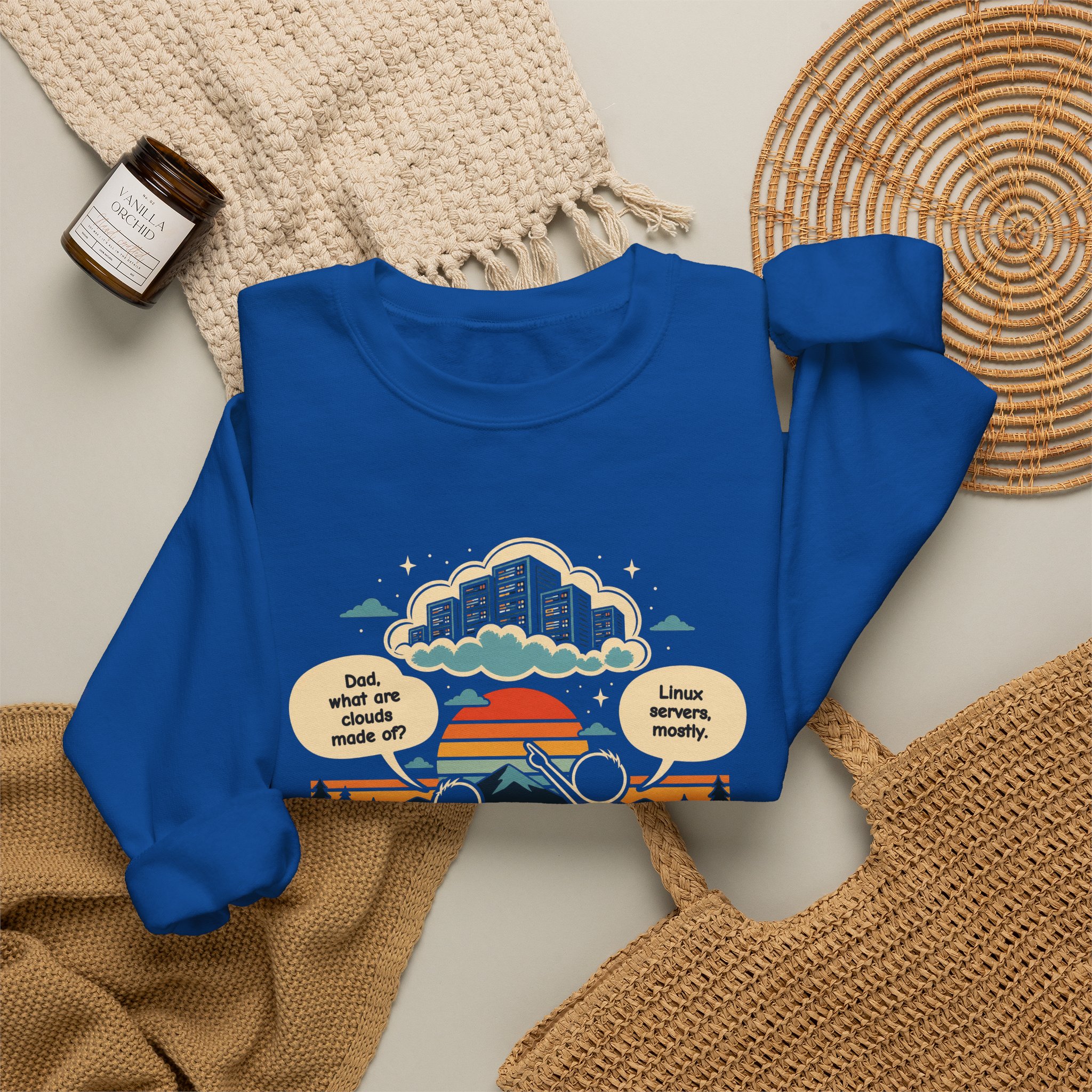 Linux Clouds crewneck sweatshirt in Royal, folded 2
