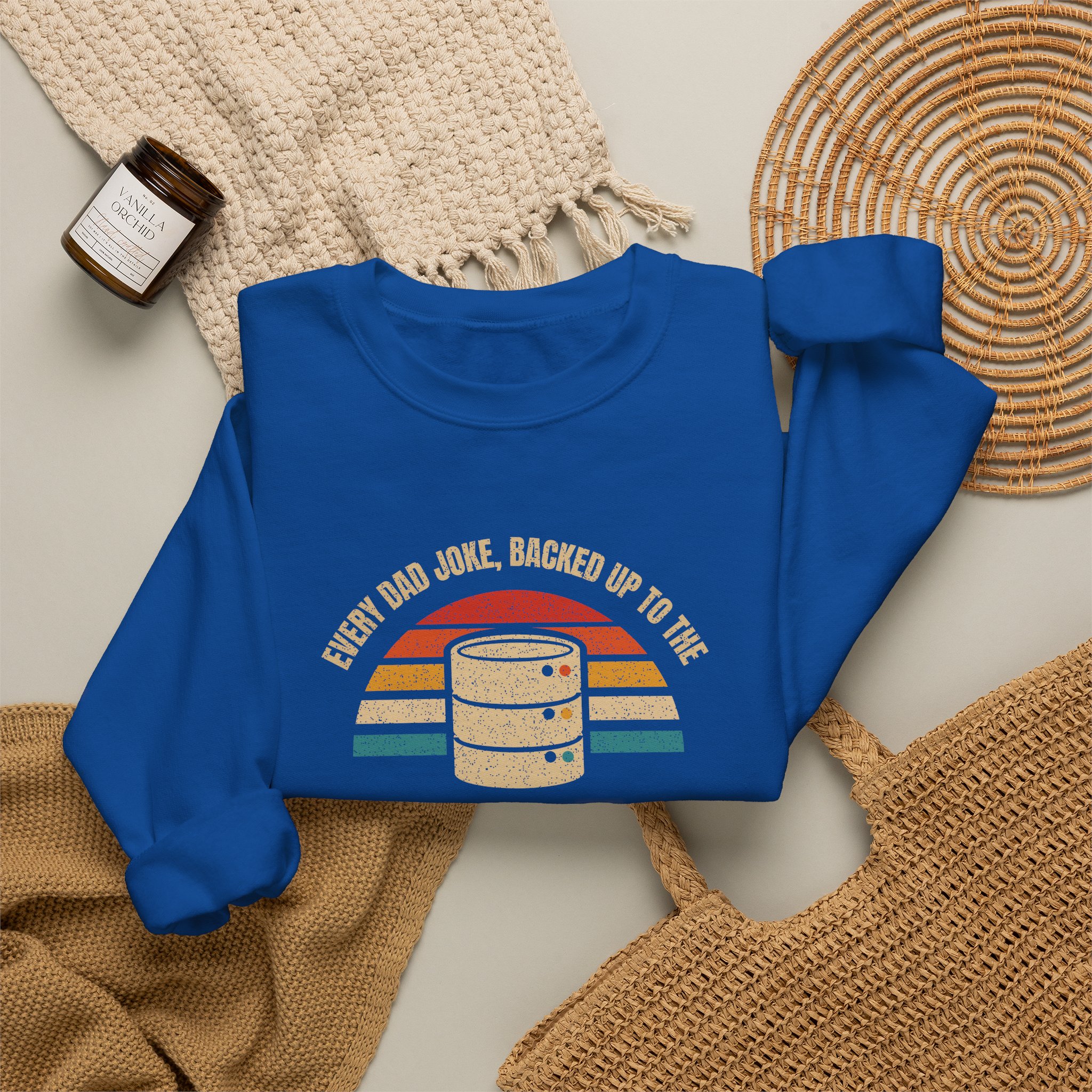 Dad-a-Base crewneck sweatshirt in Royal, folded 2