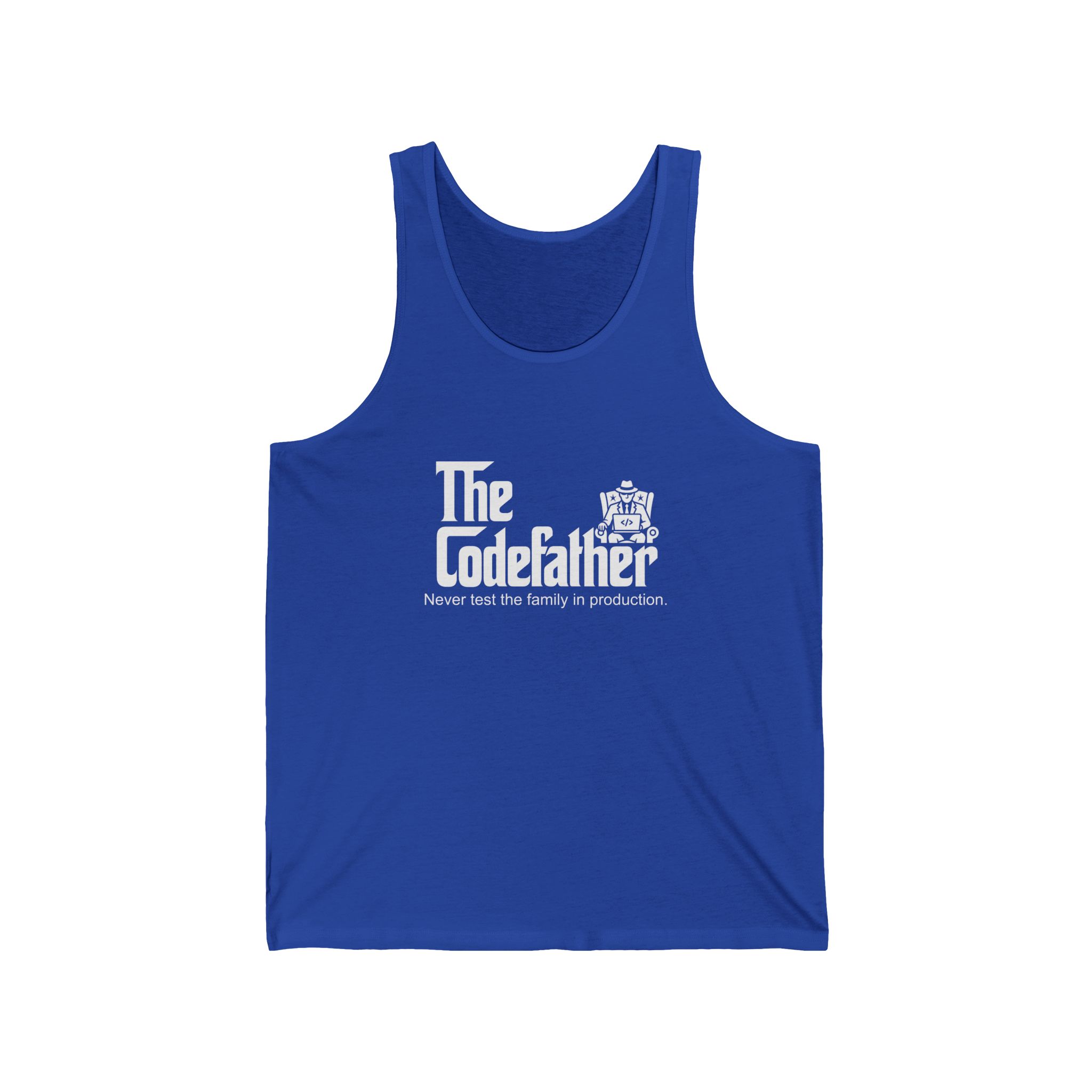 The Codefather unisex tank in True Royal, front view
