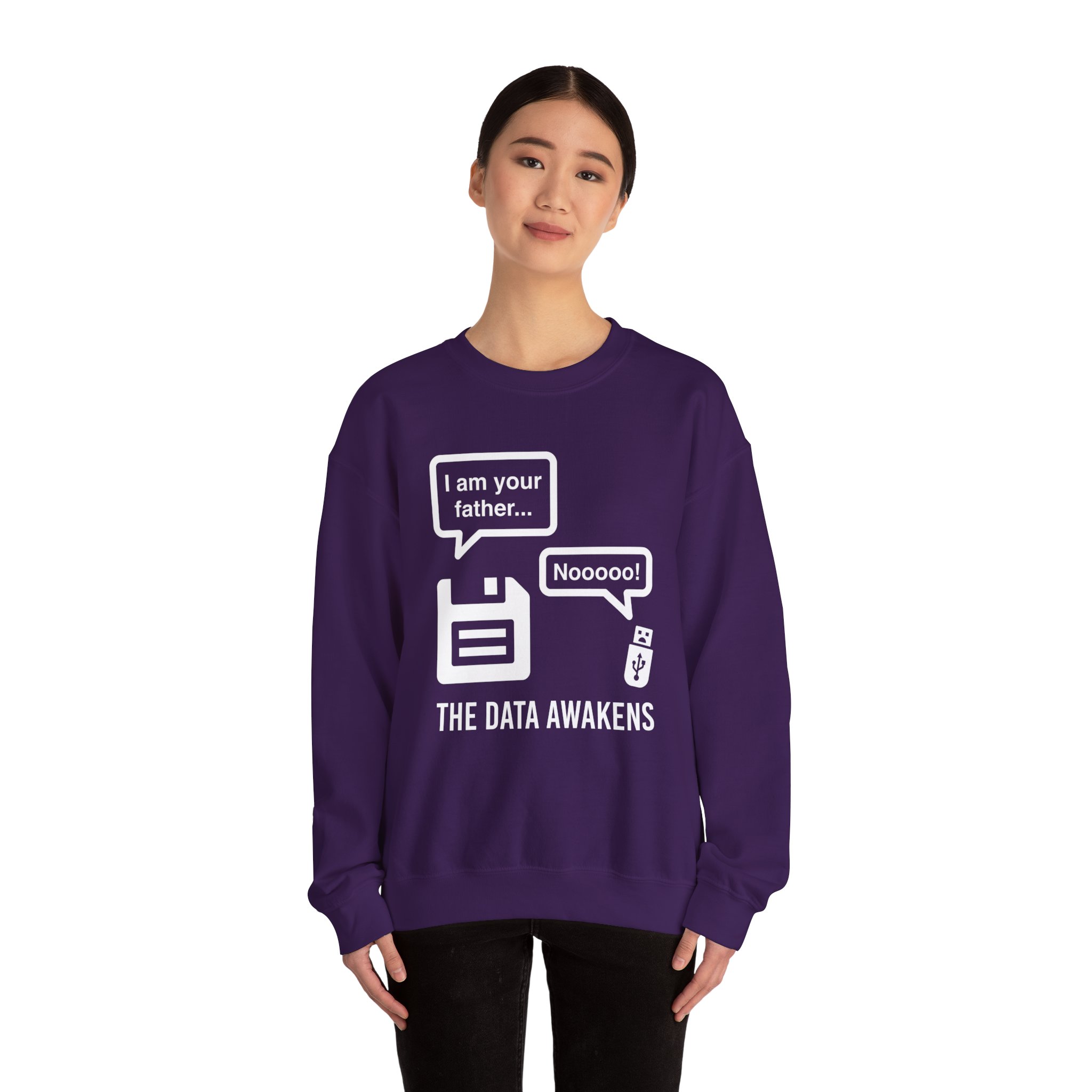 The Data Awakens crewneck sweatshirt in Purple, worn by a model