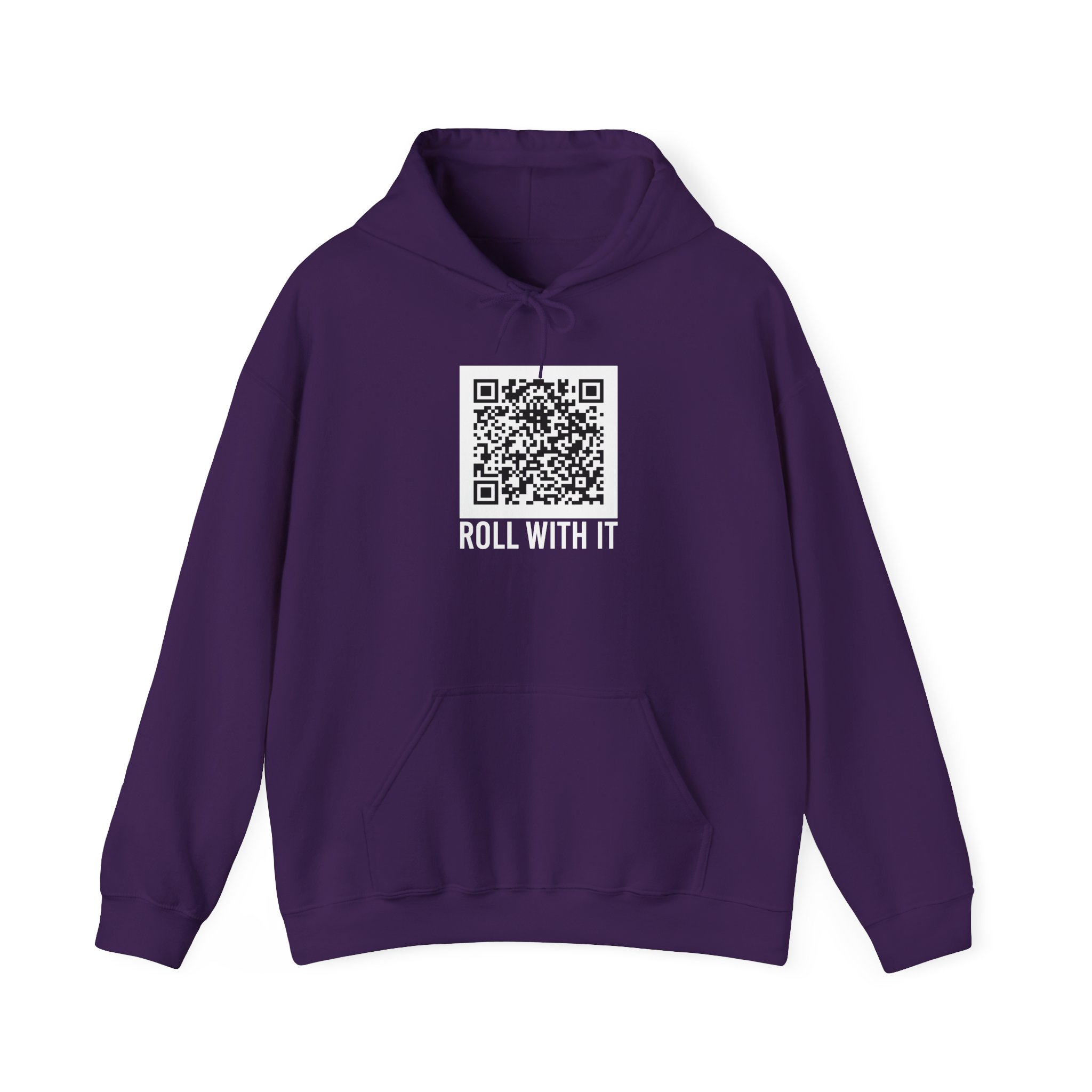 Roll With It QR Code hoodie in Purple, front view