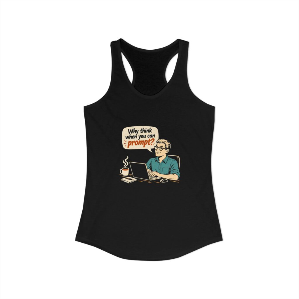 Why Think When You Can Prompt women's racerback tank in Solid Black, front view