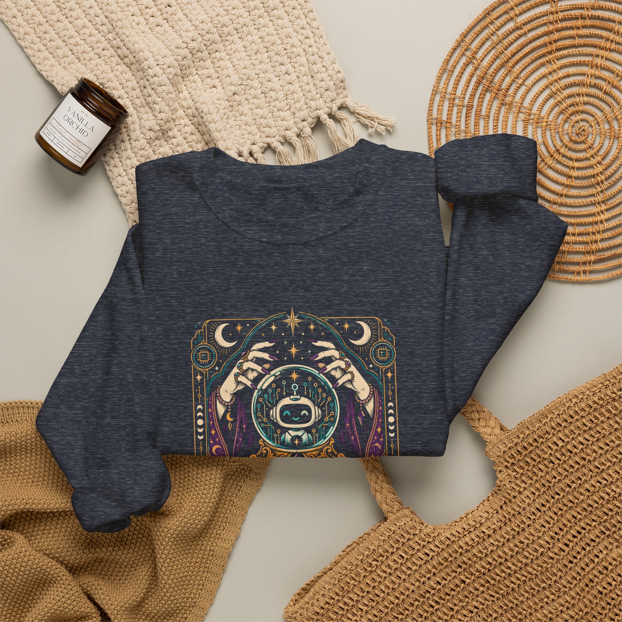 AI Magic Crystal Ball crewneck sweatshirt in Heather Sport Dark Navy, folded 2