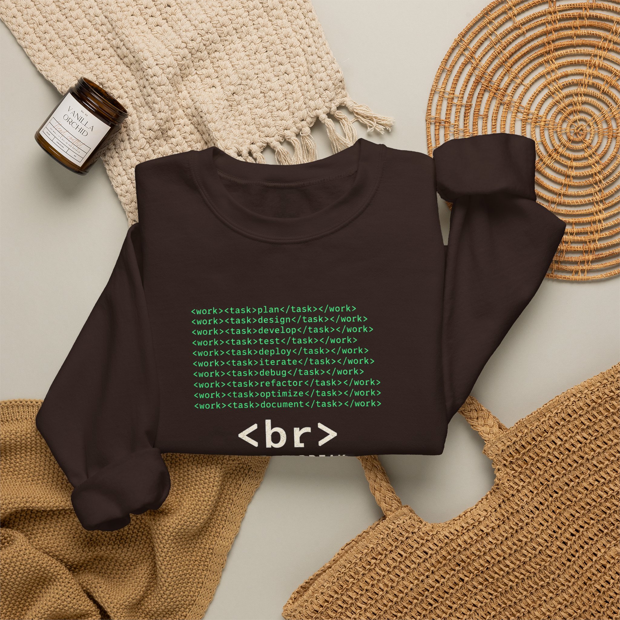 Work Work Break crewneck sweatshirt in Dark Chocolate, folded 2