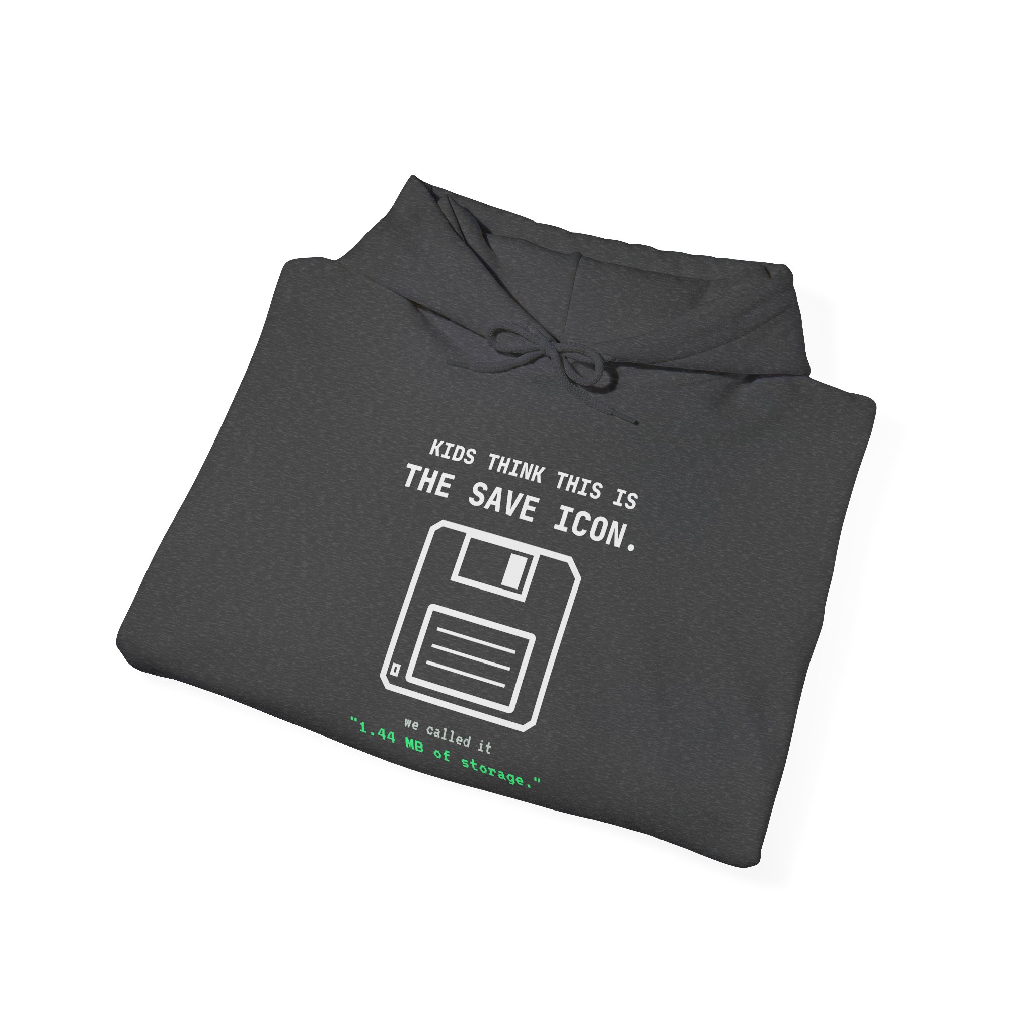 The Original Save Icon hoodie in Dark Heather, folded