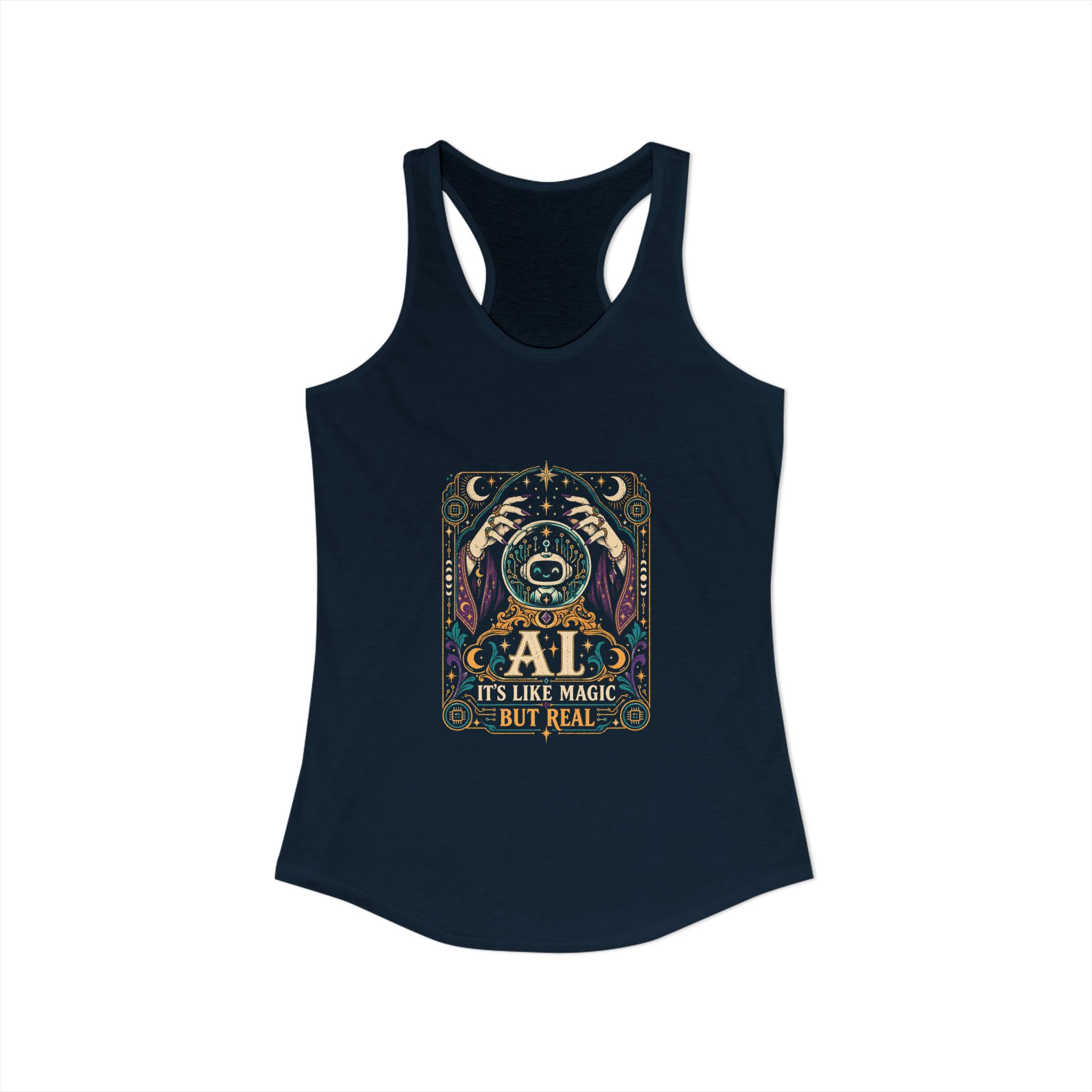 AI Magic Crystal Ball women's racerback tank in Solid Midnight Navy, front view