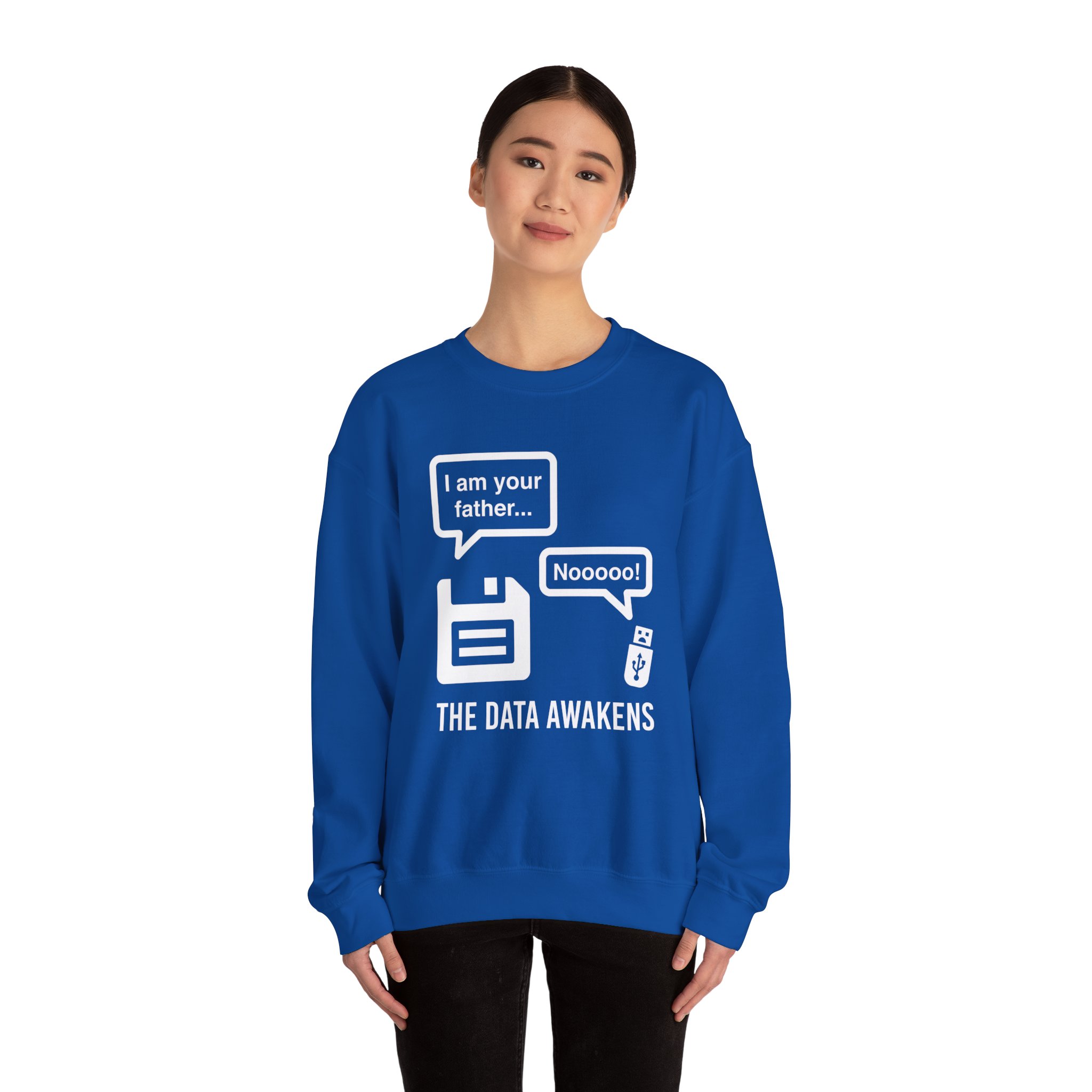 The Data Awakens crewneck sweatshirt in Royal, worn by a model