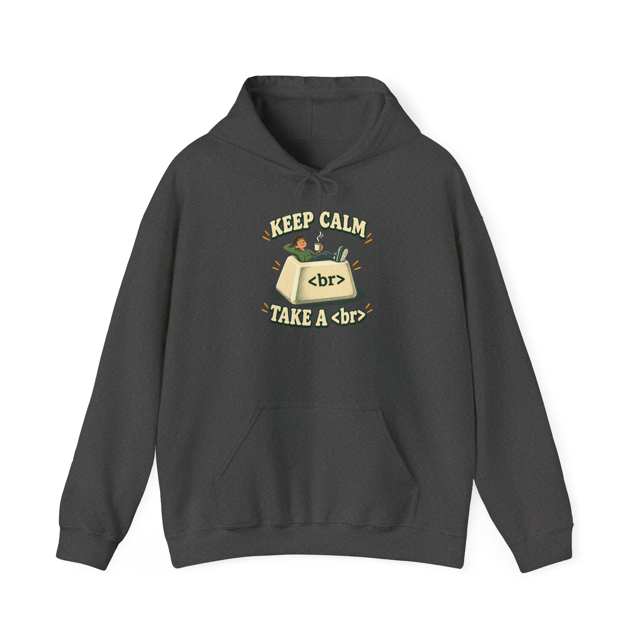 Keep Calm Keycap hoodie in Dark Heather, front view