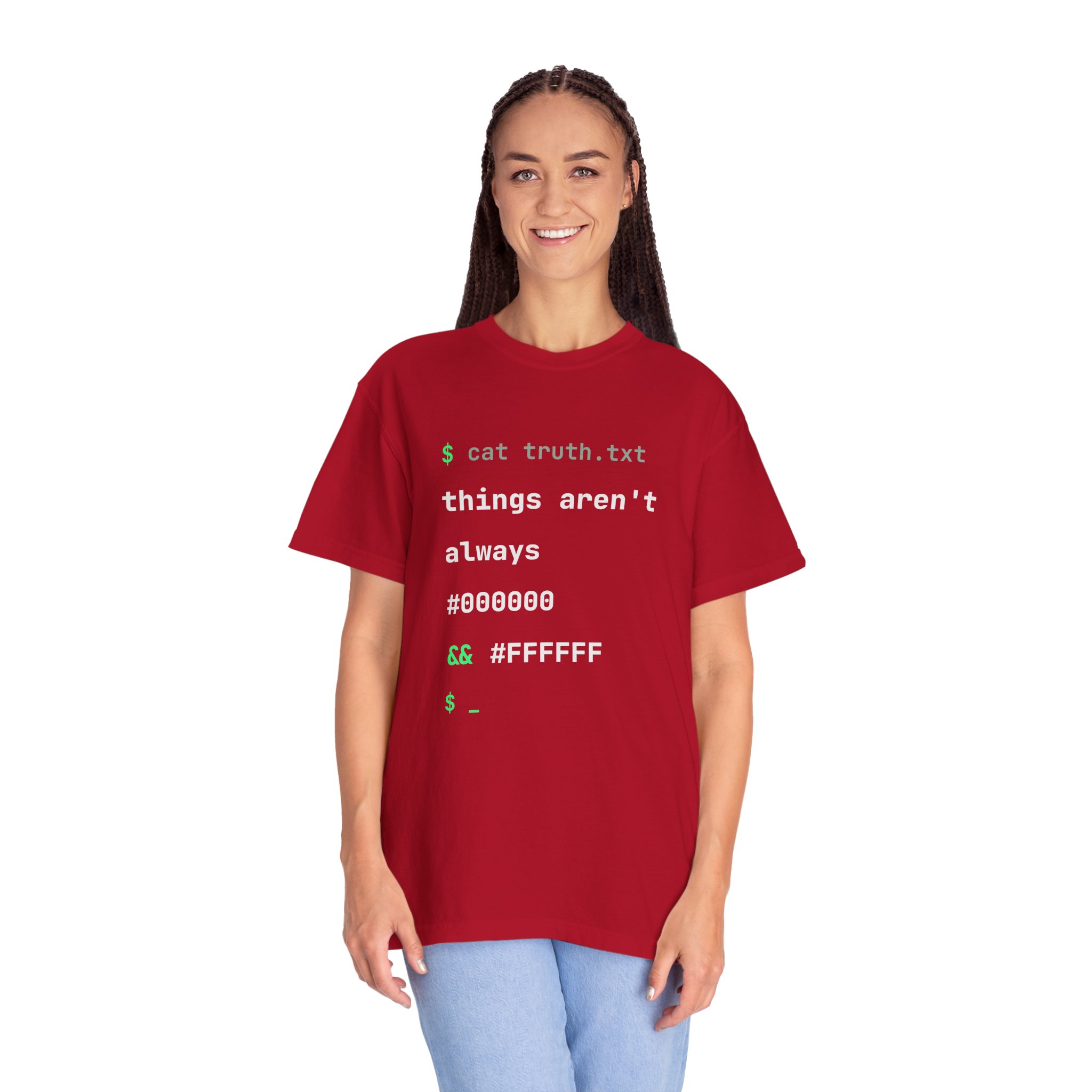 cat truth.txt T-shirt in Red, worn by a woman