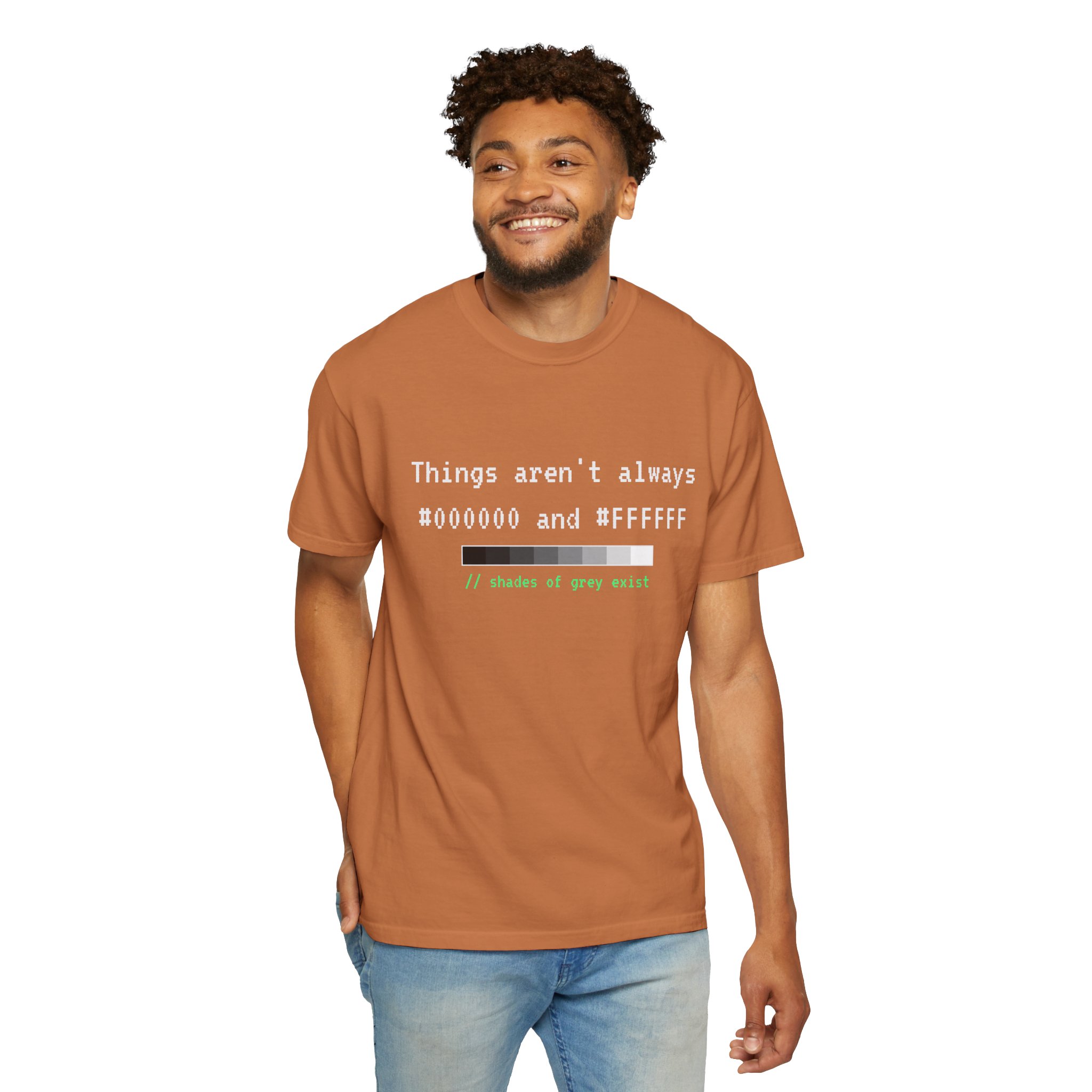 Shades of Grey Exist T-shirt in Yam, worn by a man, second model