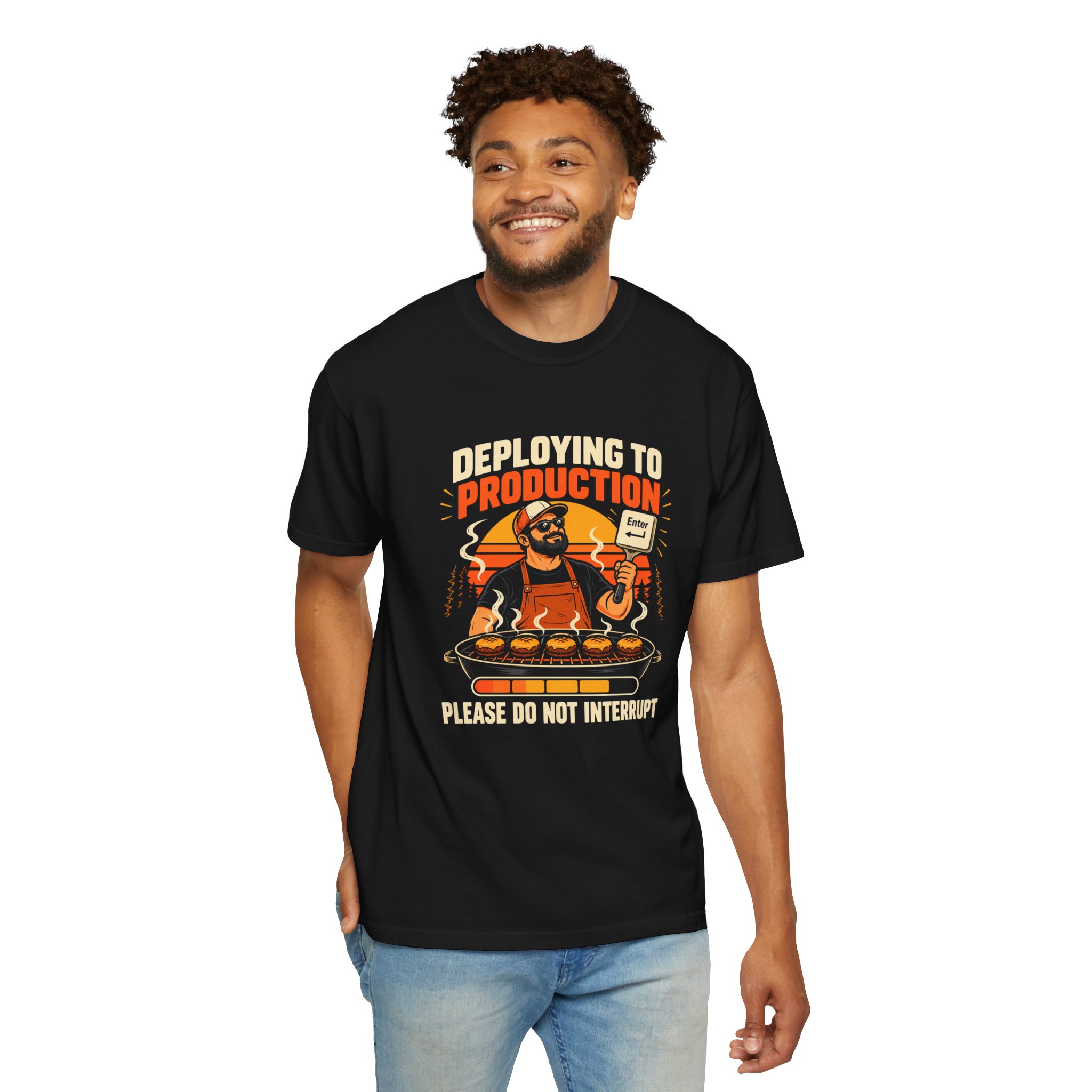 Deploying to Production T-shirt in Black, worn by a man, second model