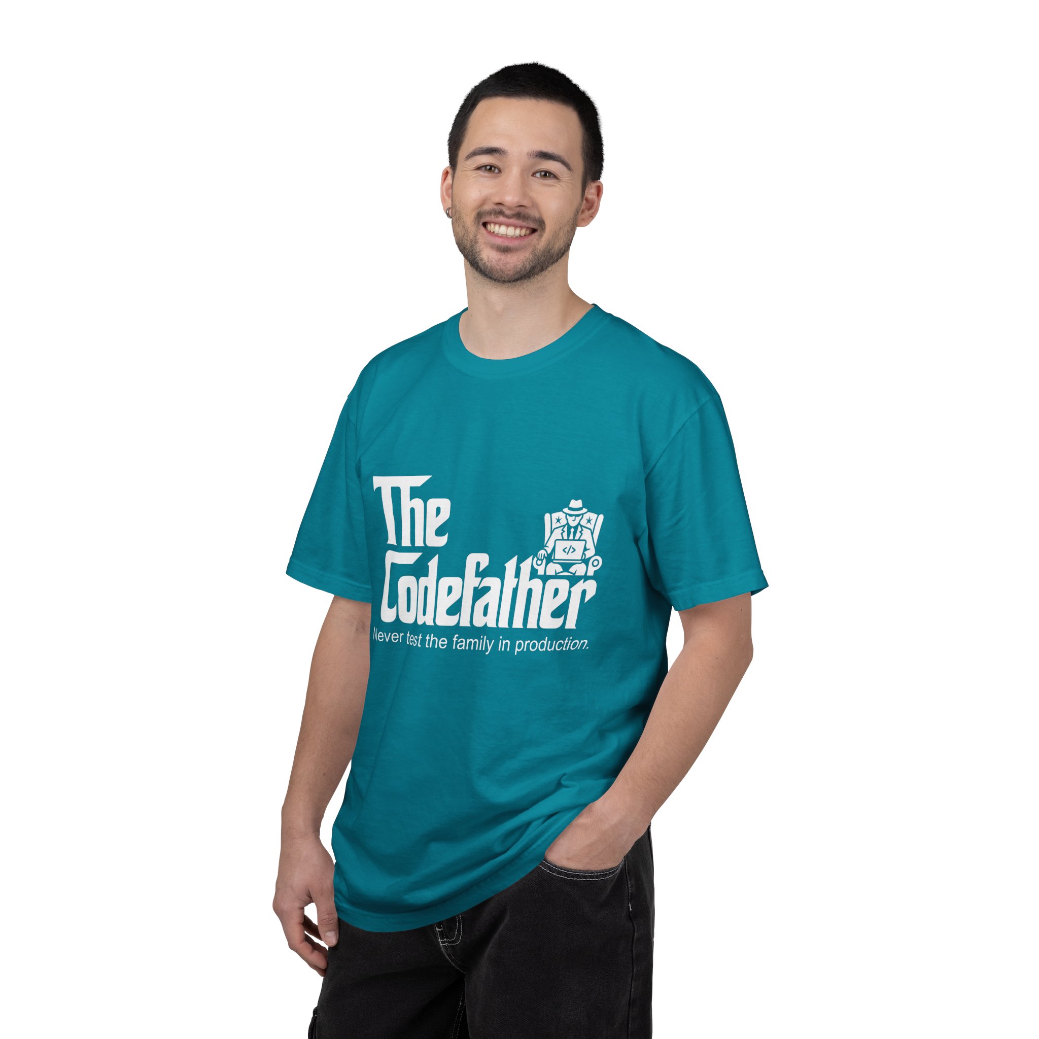 The Codefather T-shirt in Topaz Blue, worn by a man