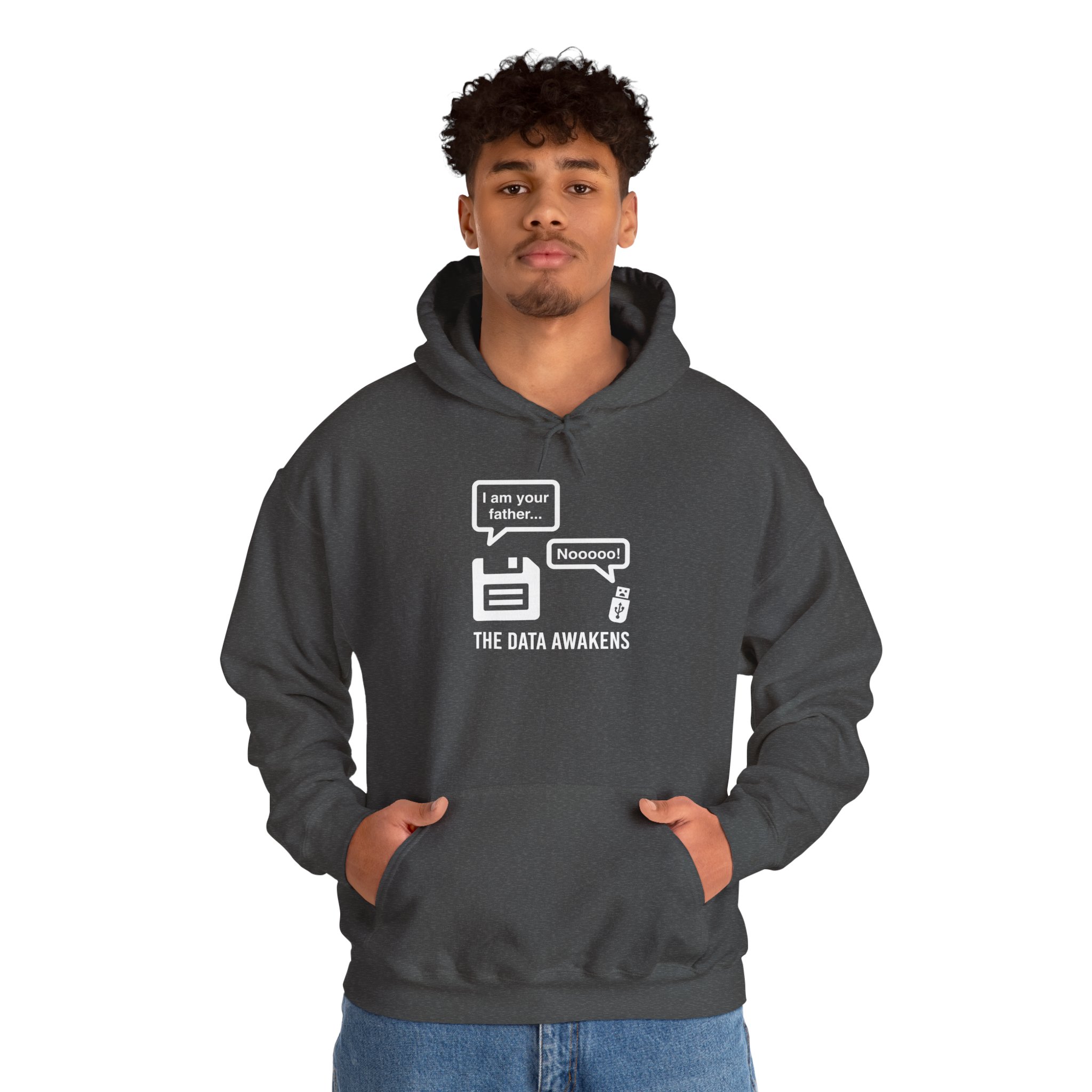 The Data Awakens hoodie in Dark Heather, worn by a model, second view