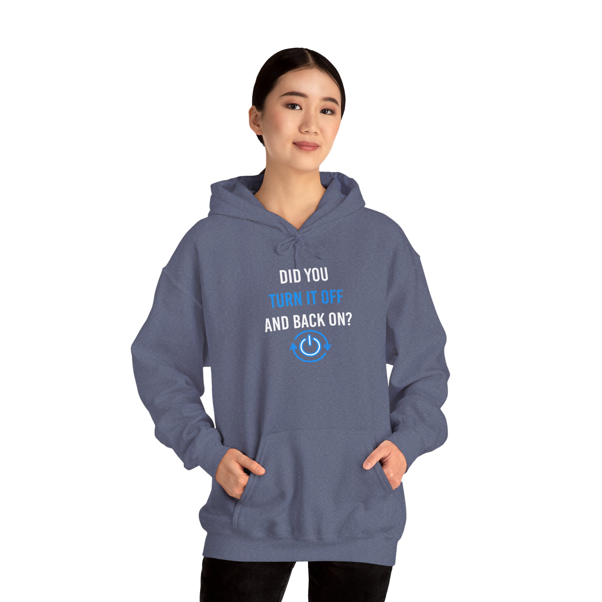 Did You Turn It Off and Back On? hoodie in Heather Navy, worn by a model