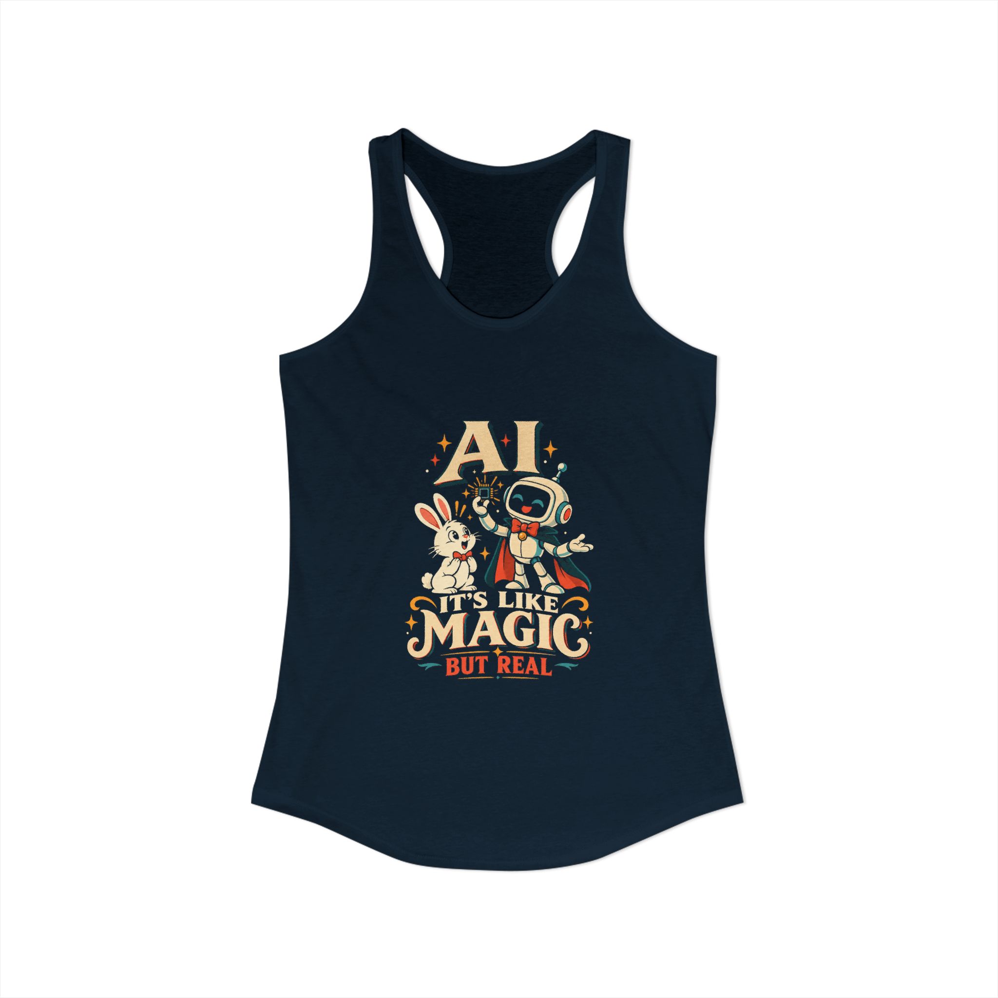 AI Magic Bunny women's racerback tank in Solid Midnight Navy, front view