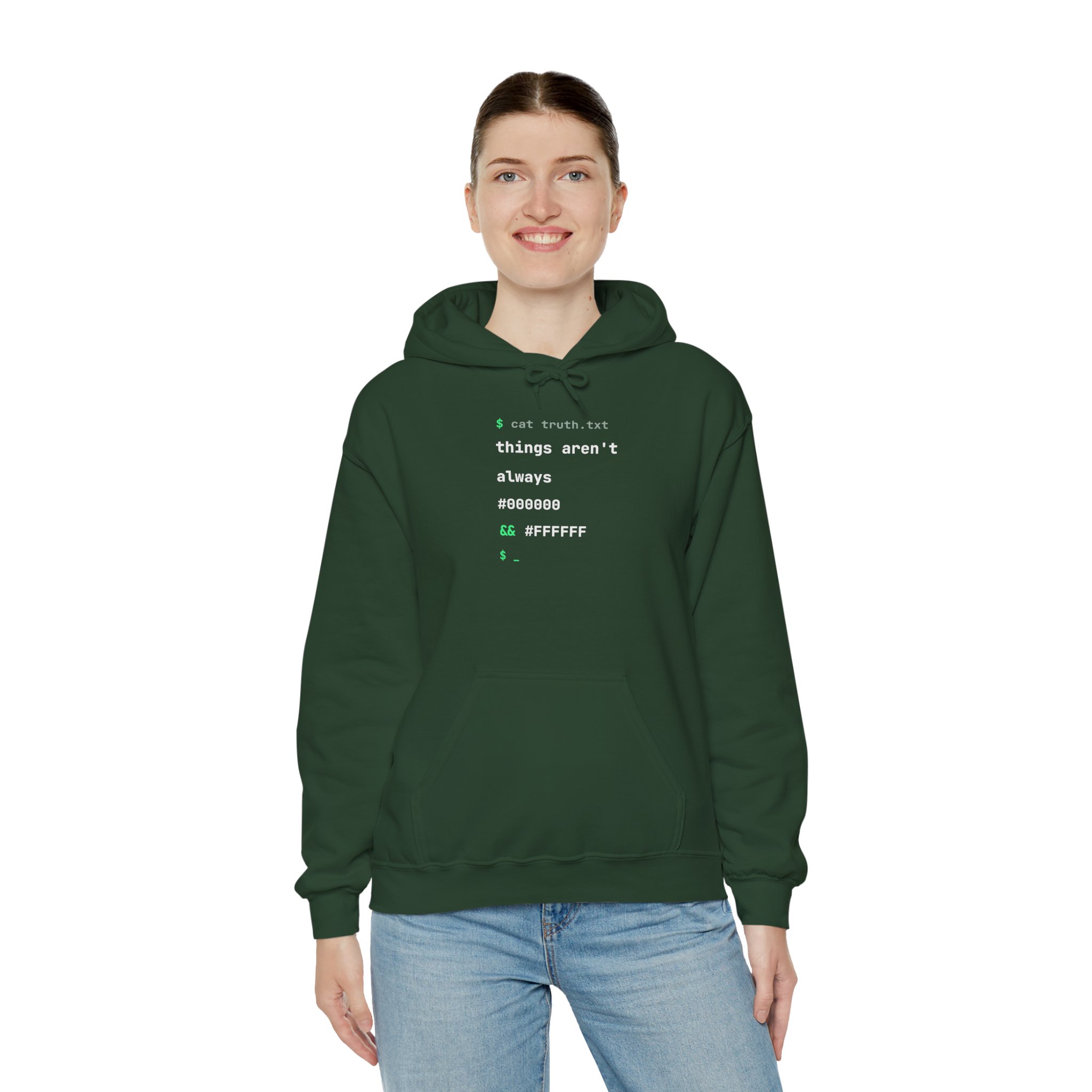 cat truth.txt hoodie in Forest Green, worn by a model, third view