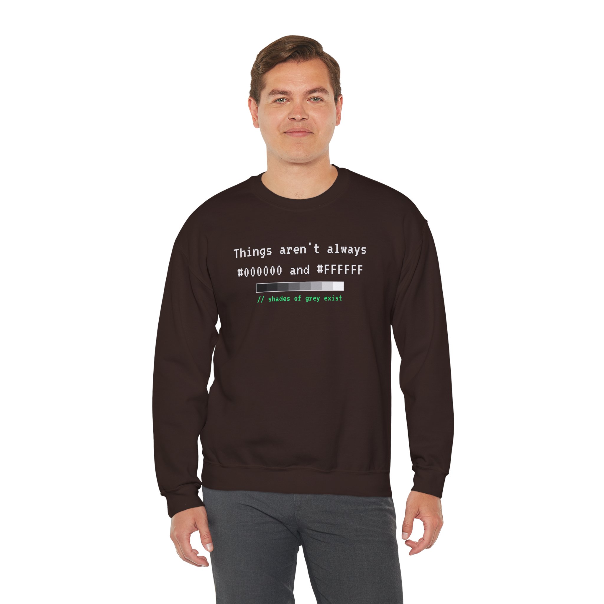 Shades of Grey Exist crewneck sweatshirt in Dark Chocolate, worn by a model, third view
