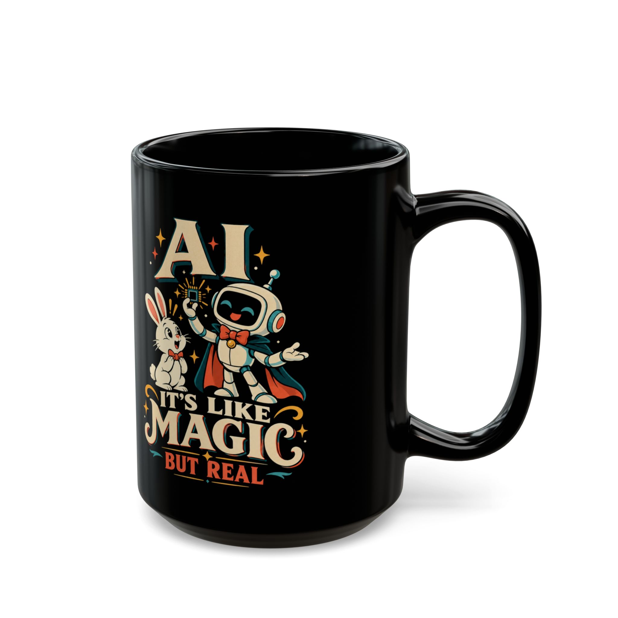 AI Magic Bunny black mug, 15 oz, right side