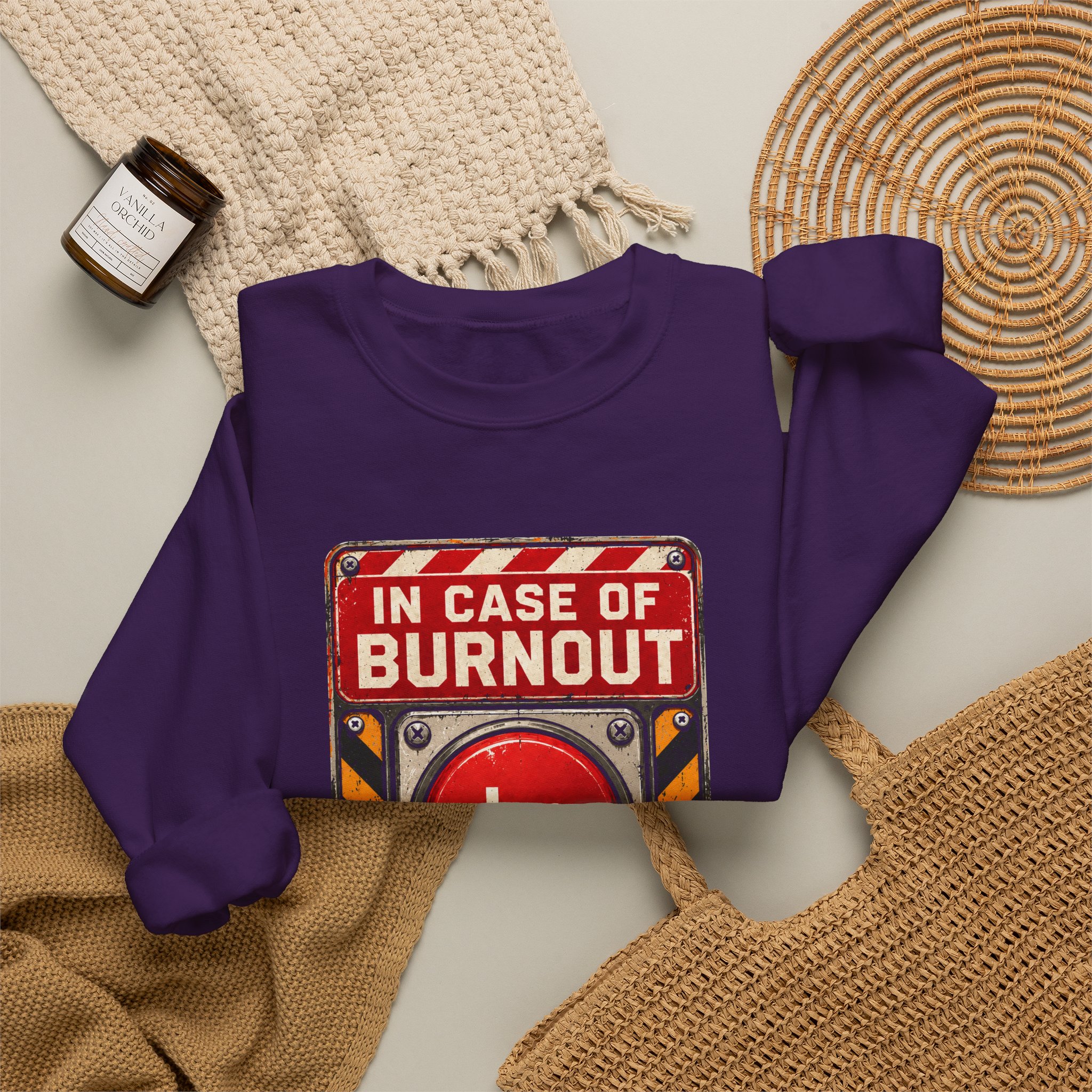 In Case of Burnout crewneck sweatshirt in Purple, folded 2