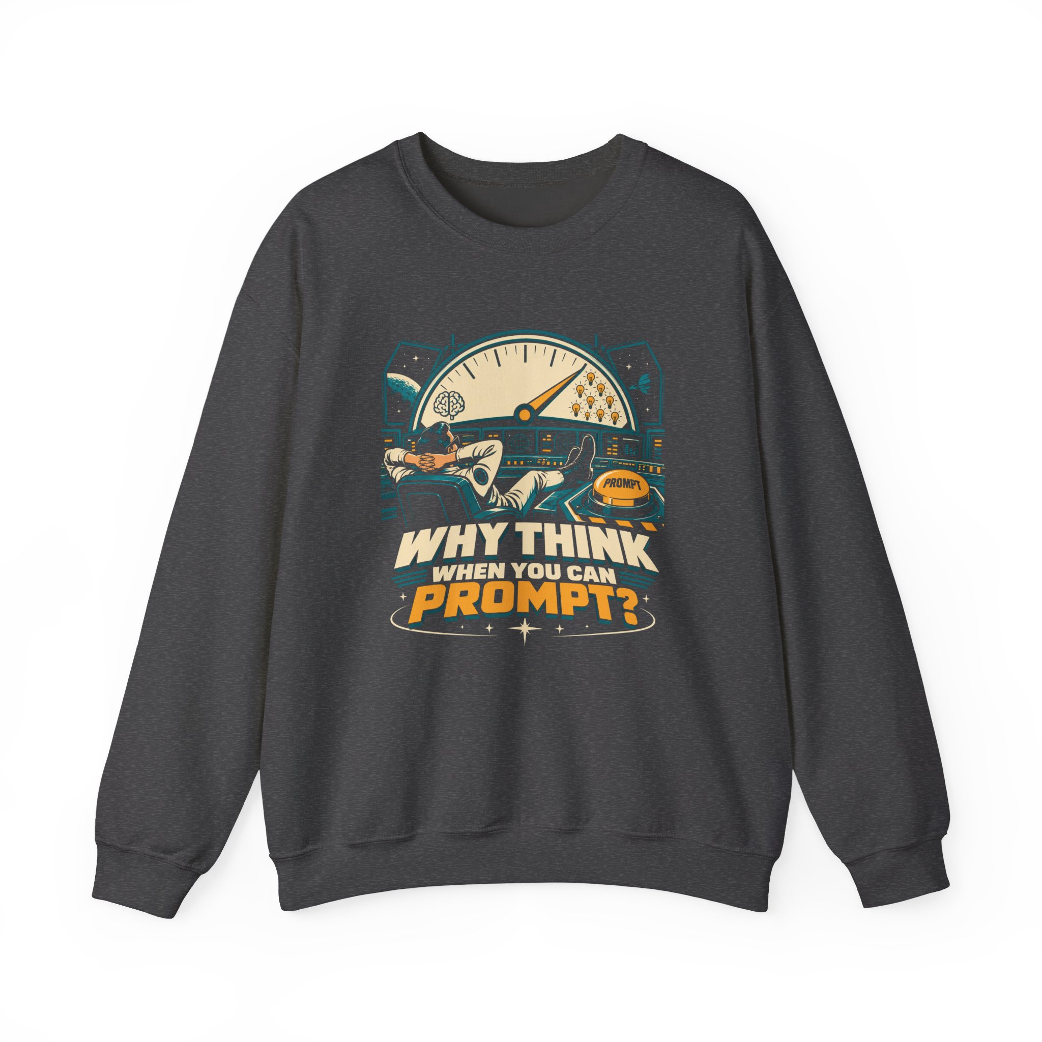 Prompt Mission Control crewneck sweatshirt in Dark Heather, front view