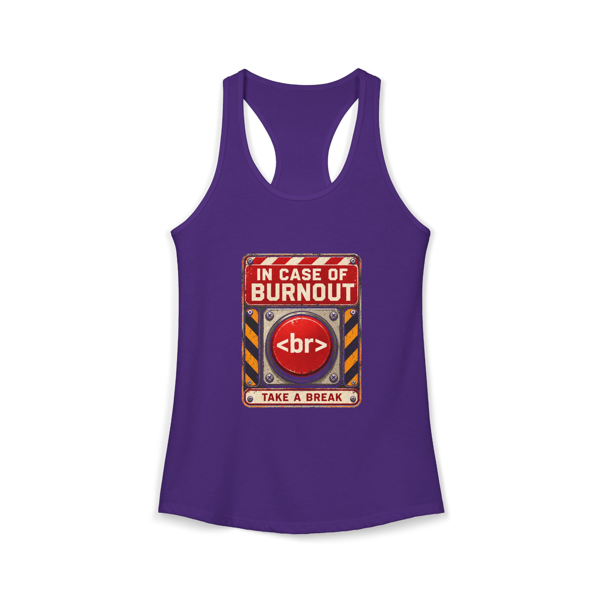 In Case of Burnout women's racerback tank in Solid Purple Rush, front 2