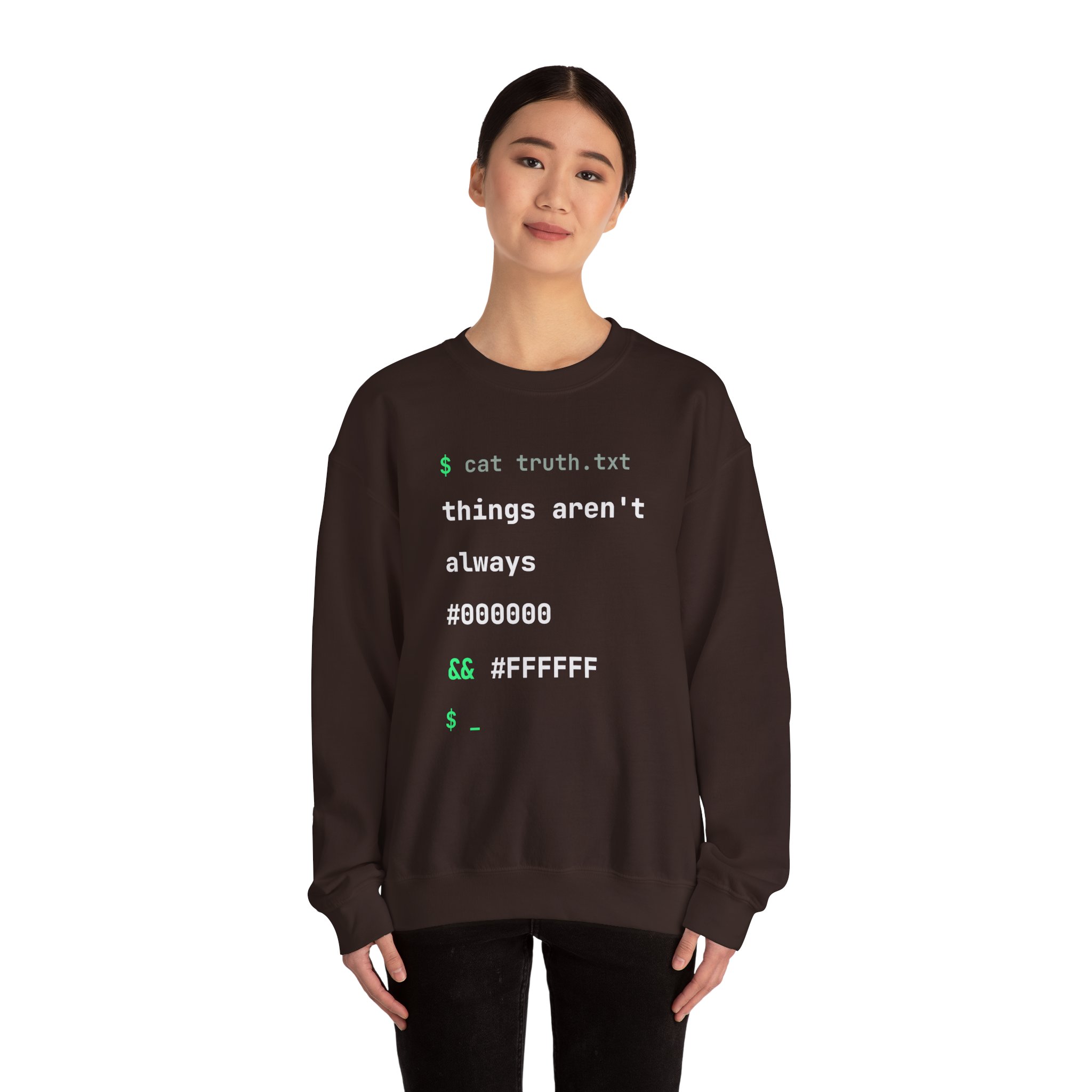 cat truth.txt crewneck sweatshirt in Dark Chocolate, worn by a model