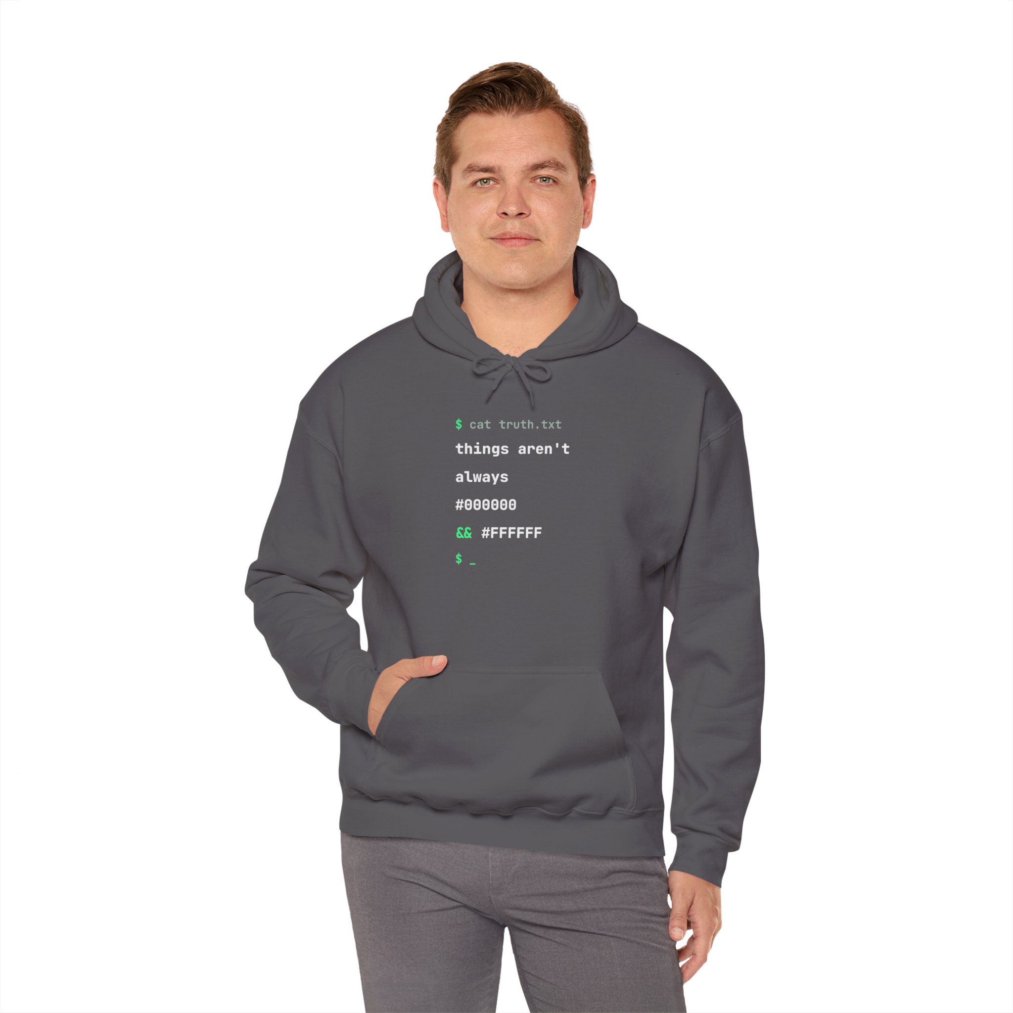 cat truth.txt hoodie in Charcoal, worn by a model, fourth view