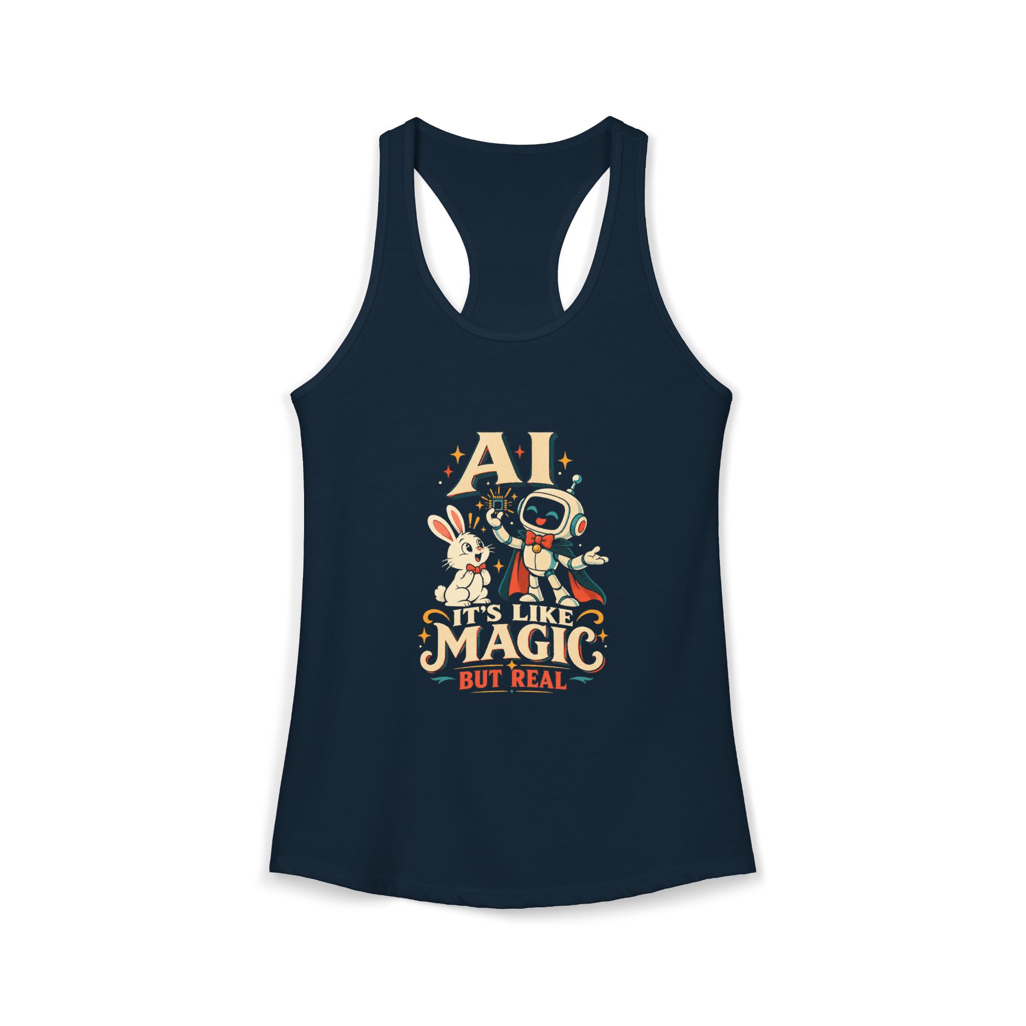 AI Magic Bunny women's racerback tank in Solid Midnight Navy, front 2
