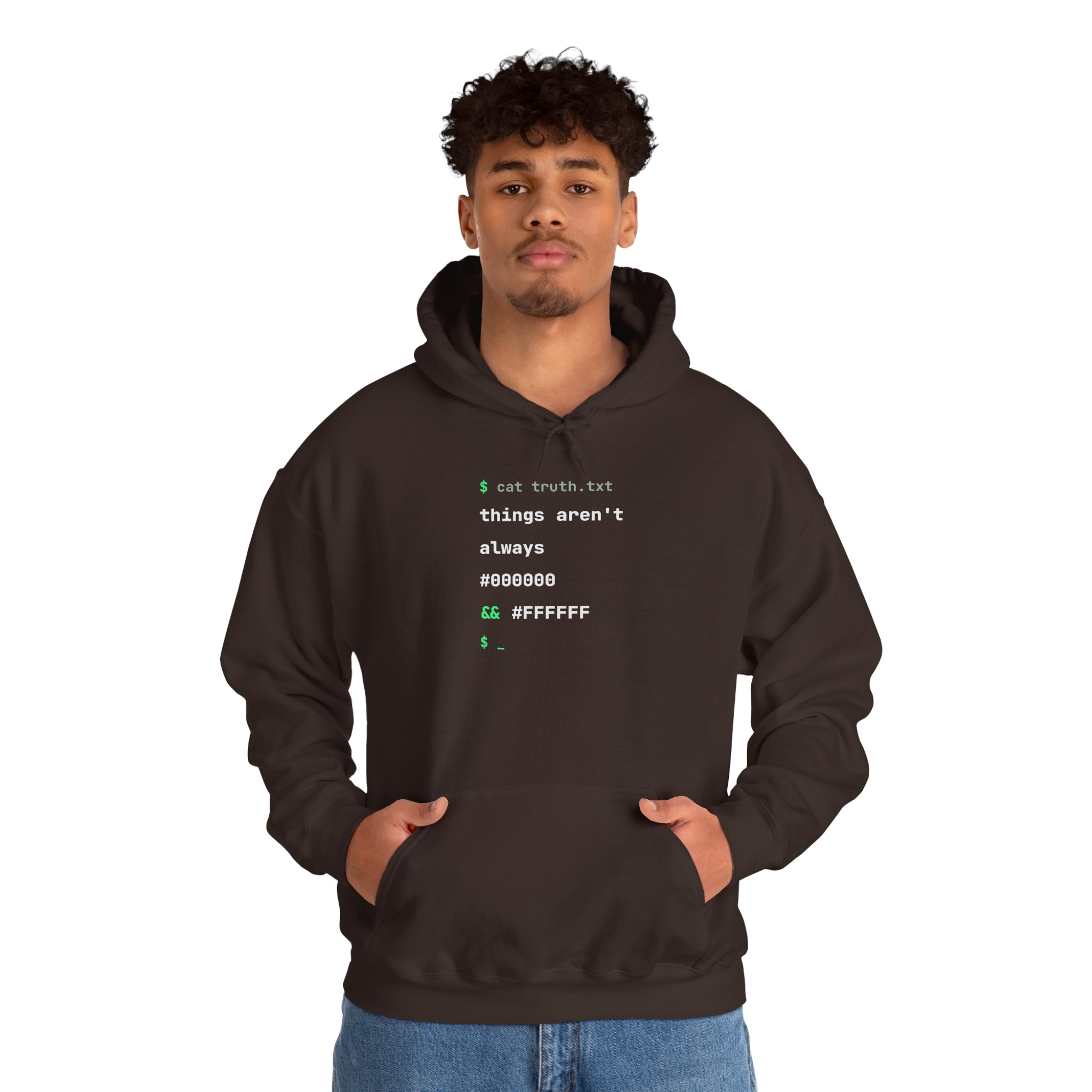 cat truth.txt hoodie in Dark Chocolate, worn by a model, second view