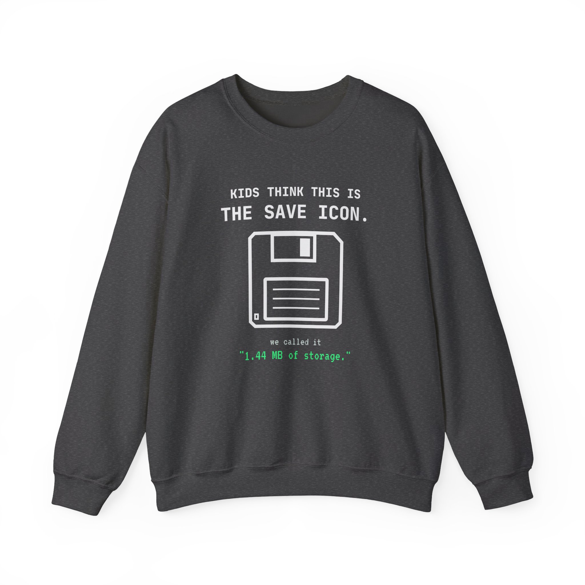 The Original Save Icon crewneck sweatshirt in Dark Heather, front view
