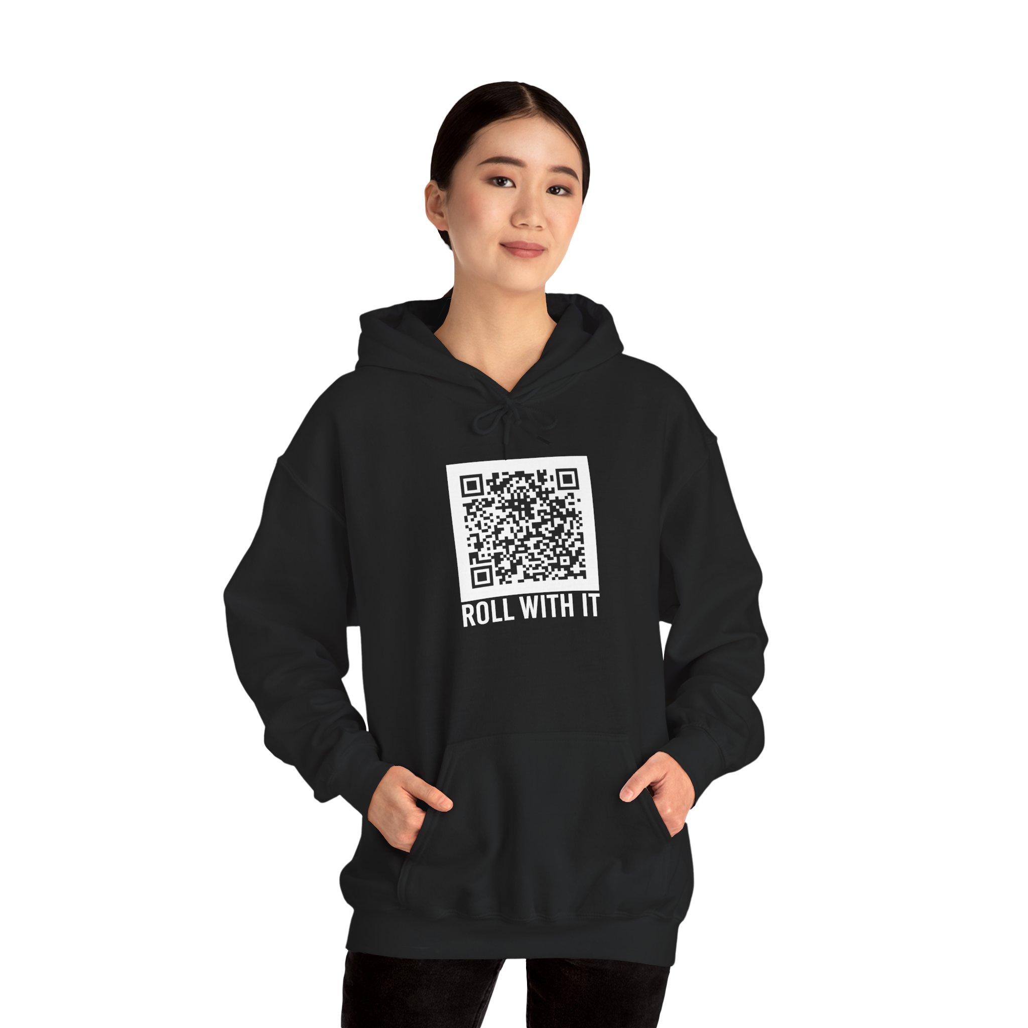 Roll With It QR Code hoodie in Black, worn by a model