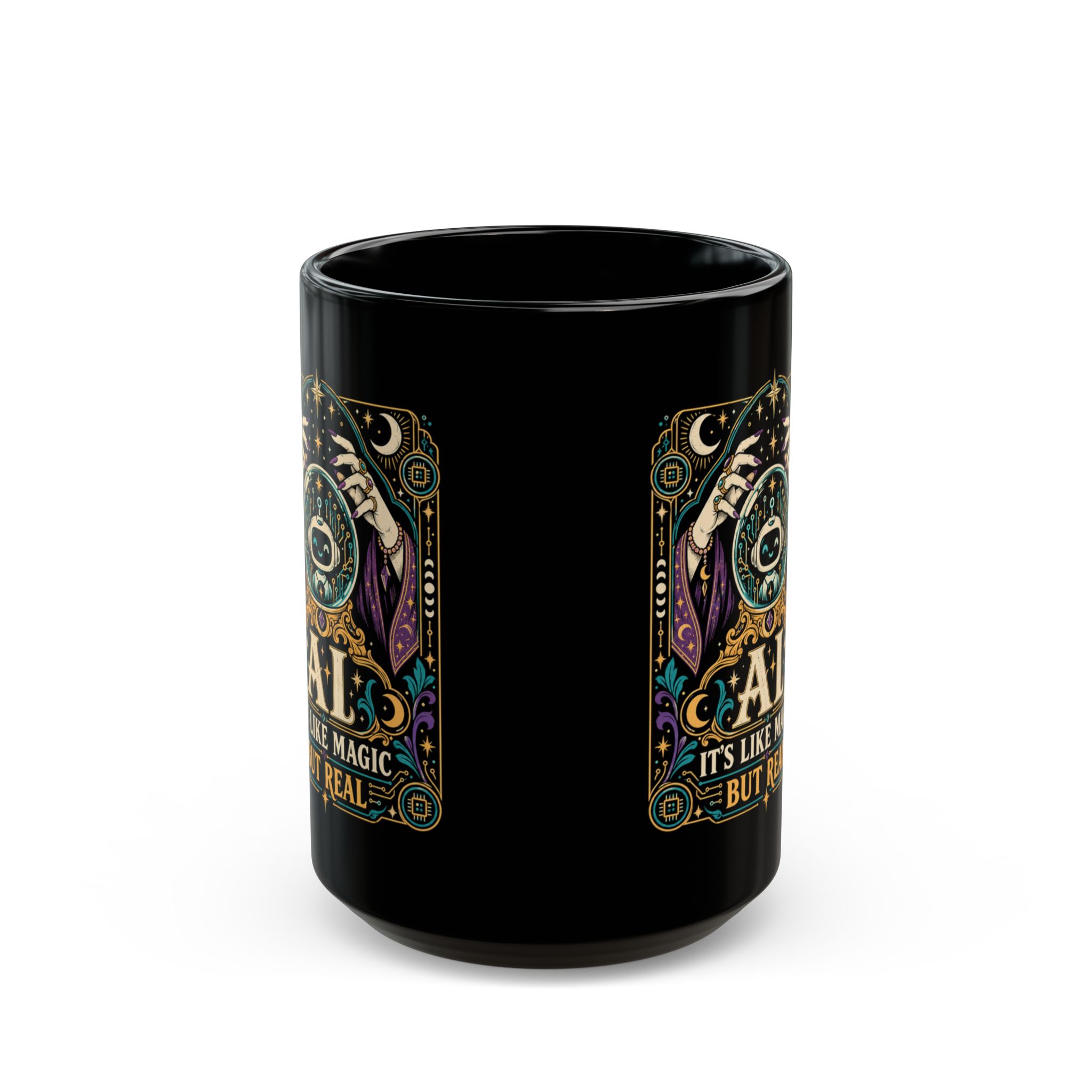 AI Magic Crystal Ball black mug, 15 oz, front view