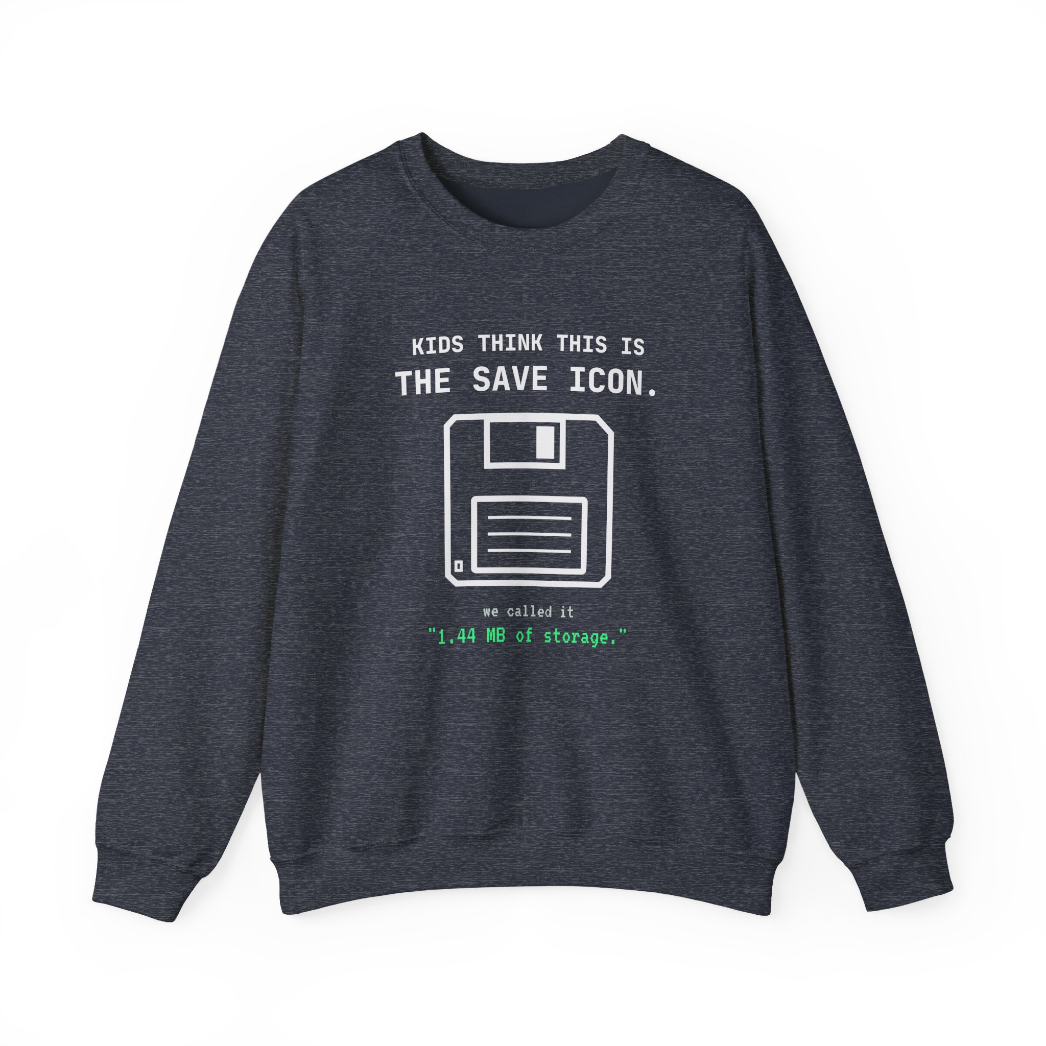 The Original Save Icon crewneck sweatshirt in Heather Sport Dark Navy, front view