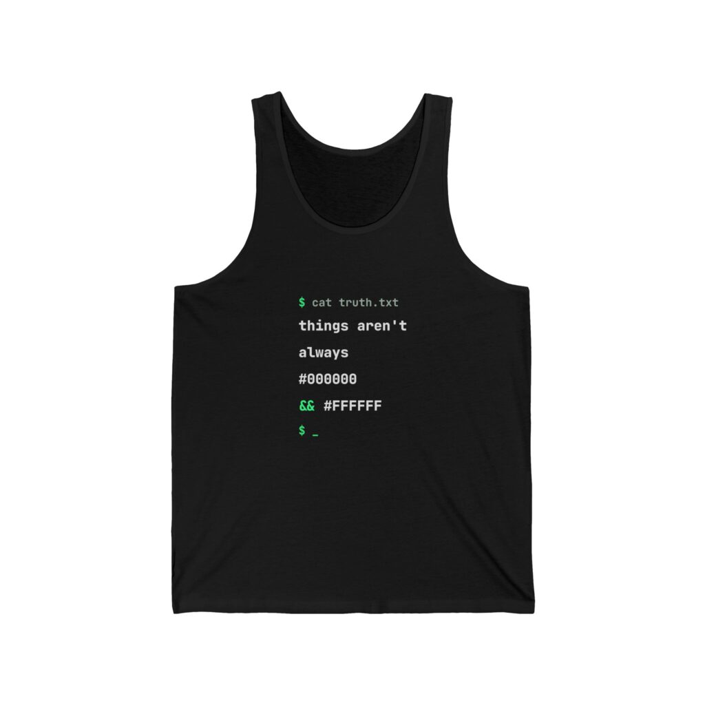 cat truth.txt unisex tank in Black, front view