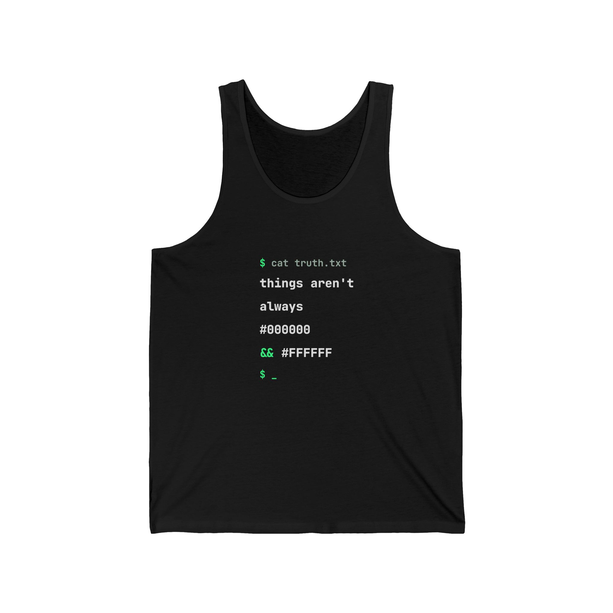 cat truth.txt unisex tank in Black, front view