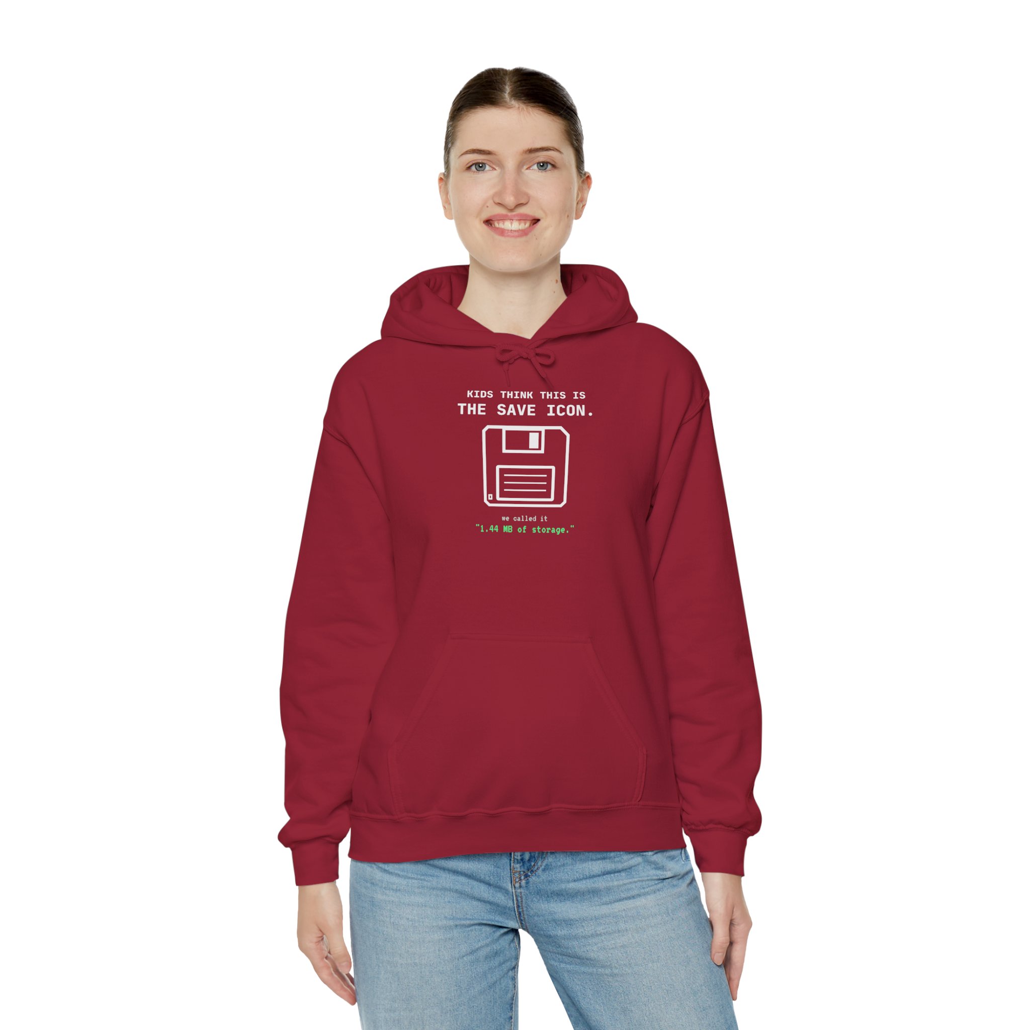 The Original Save Icon hoodie in Cardinal Red, worn by a model, third view