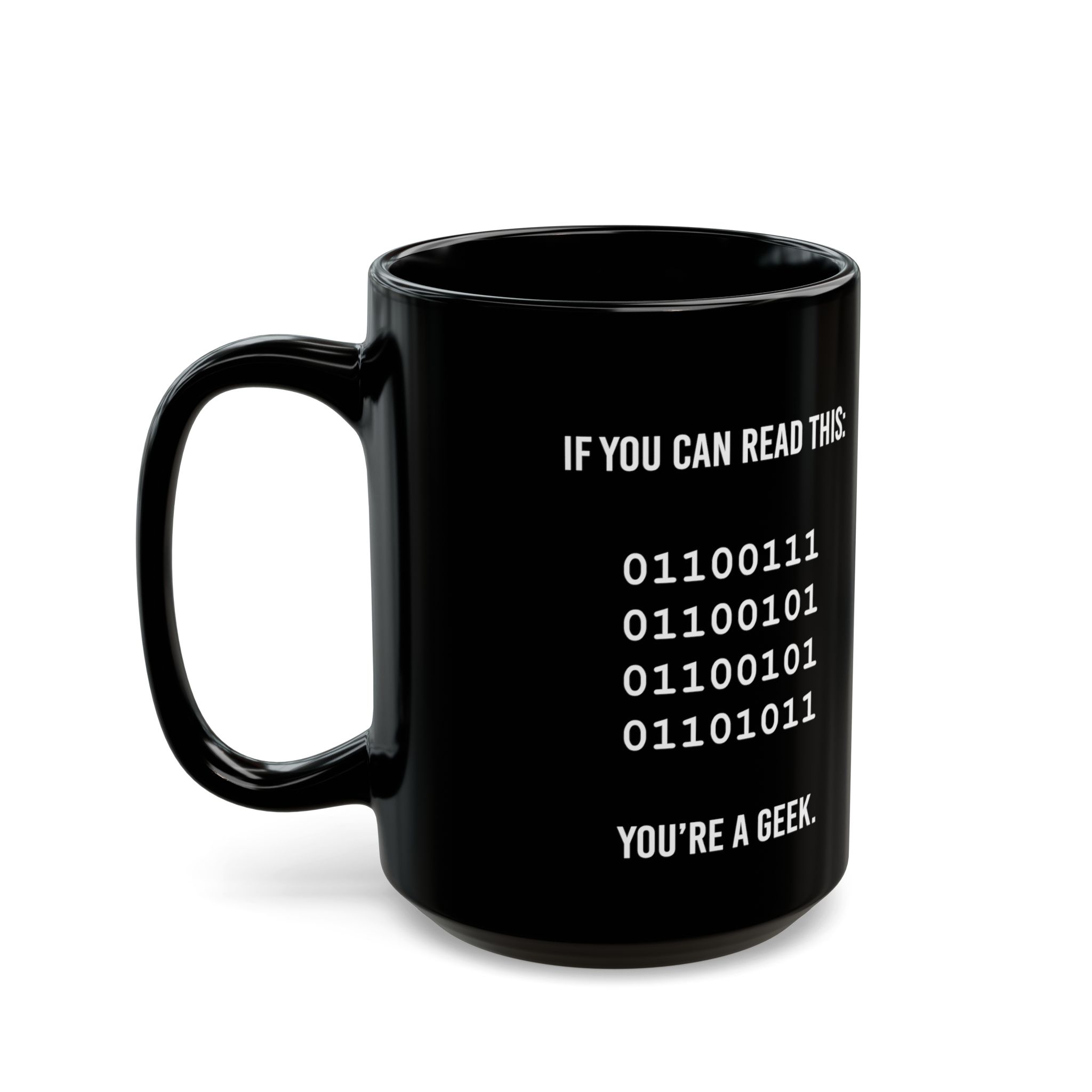 Geek Binary Code black mug, 15 oz, left side