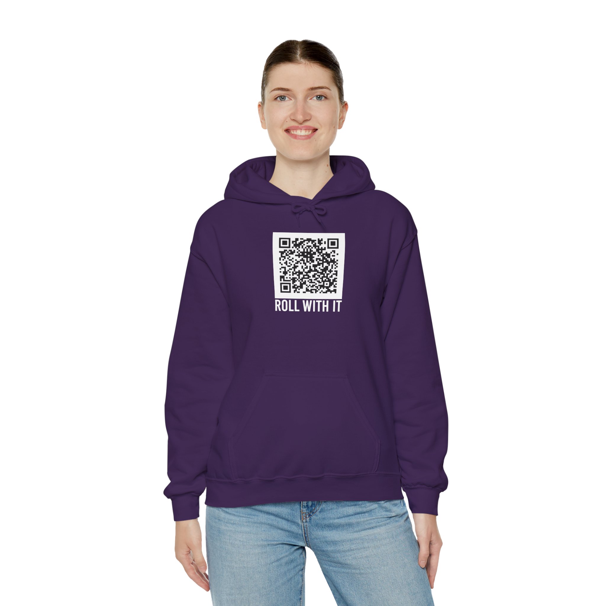 Roll With It QR Code hoodie in Purple, worn by a model, third view