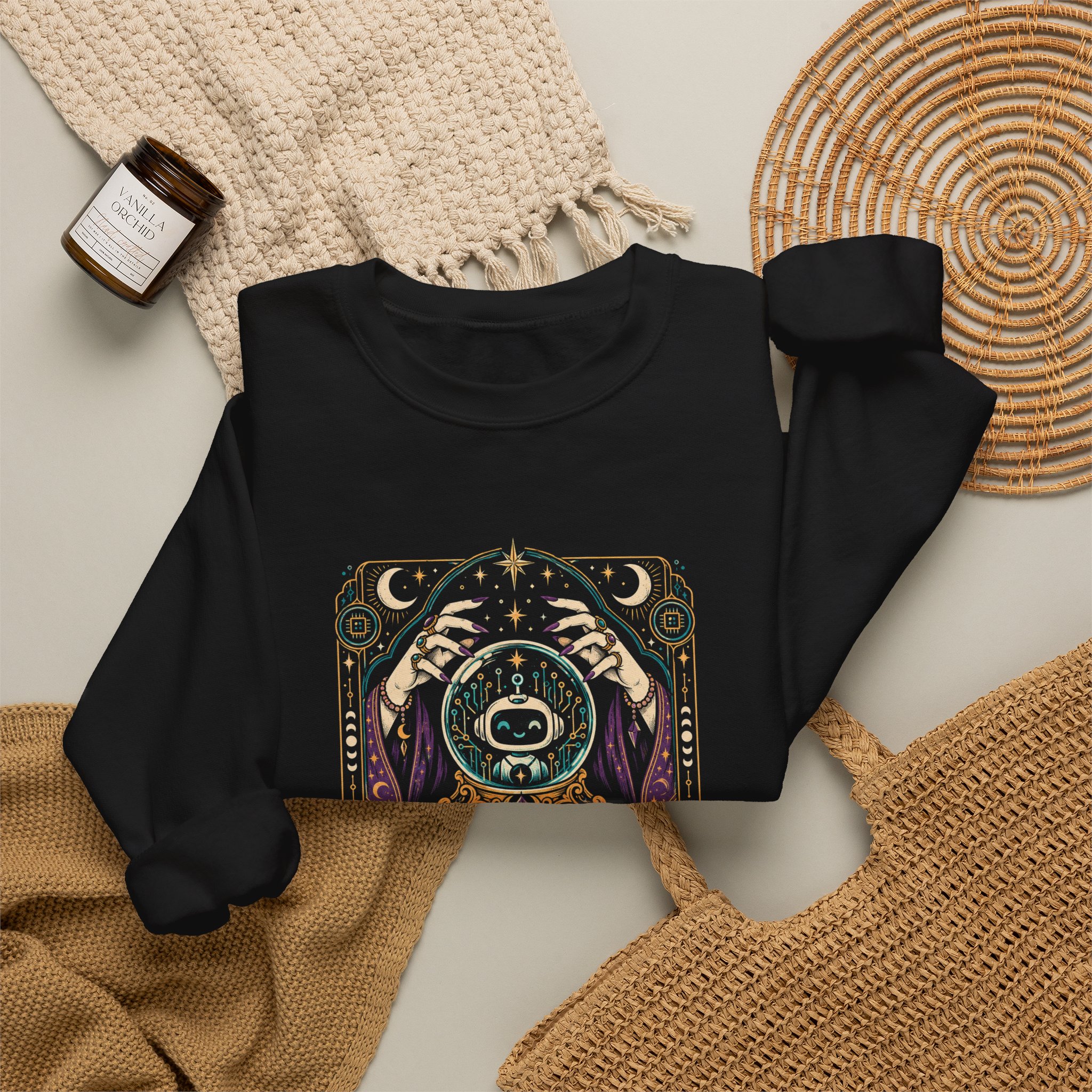 AI Magic Crystal Ball crewneck sweatshirt in Black, folded 2