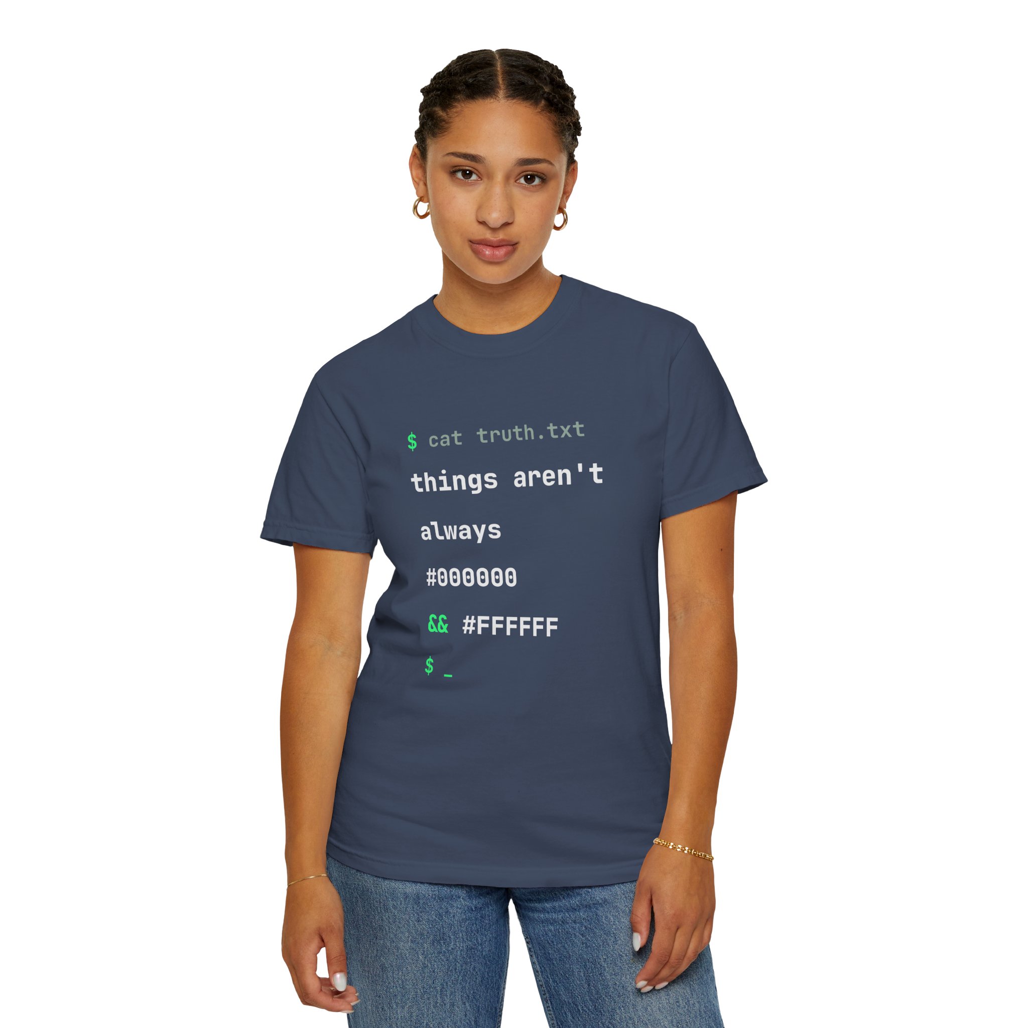 cat truth.txt T-shirt in Midnight, worn by a woman, second model