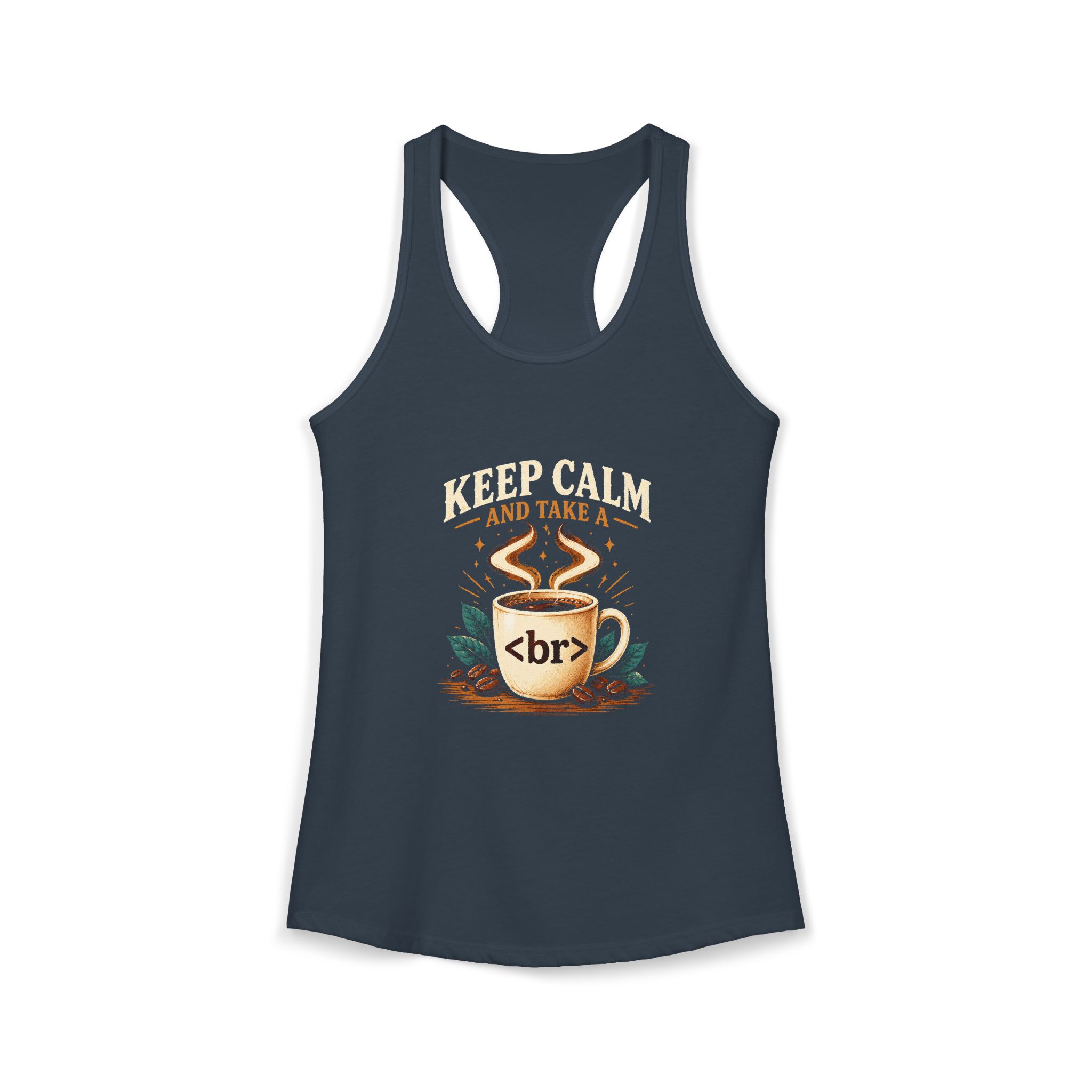 Keep Calm Coffee Break women's racerback tank in Solid Indigo, front 2