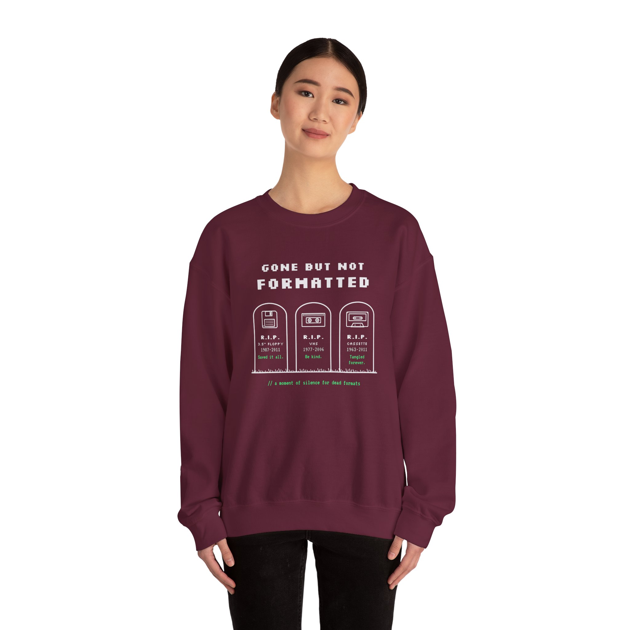 Gone But Not Formatted crewneck sweatshirt in Maroon, worn by a model