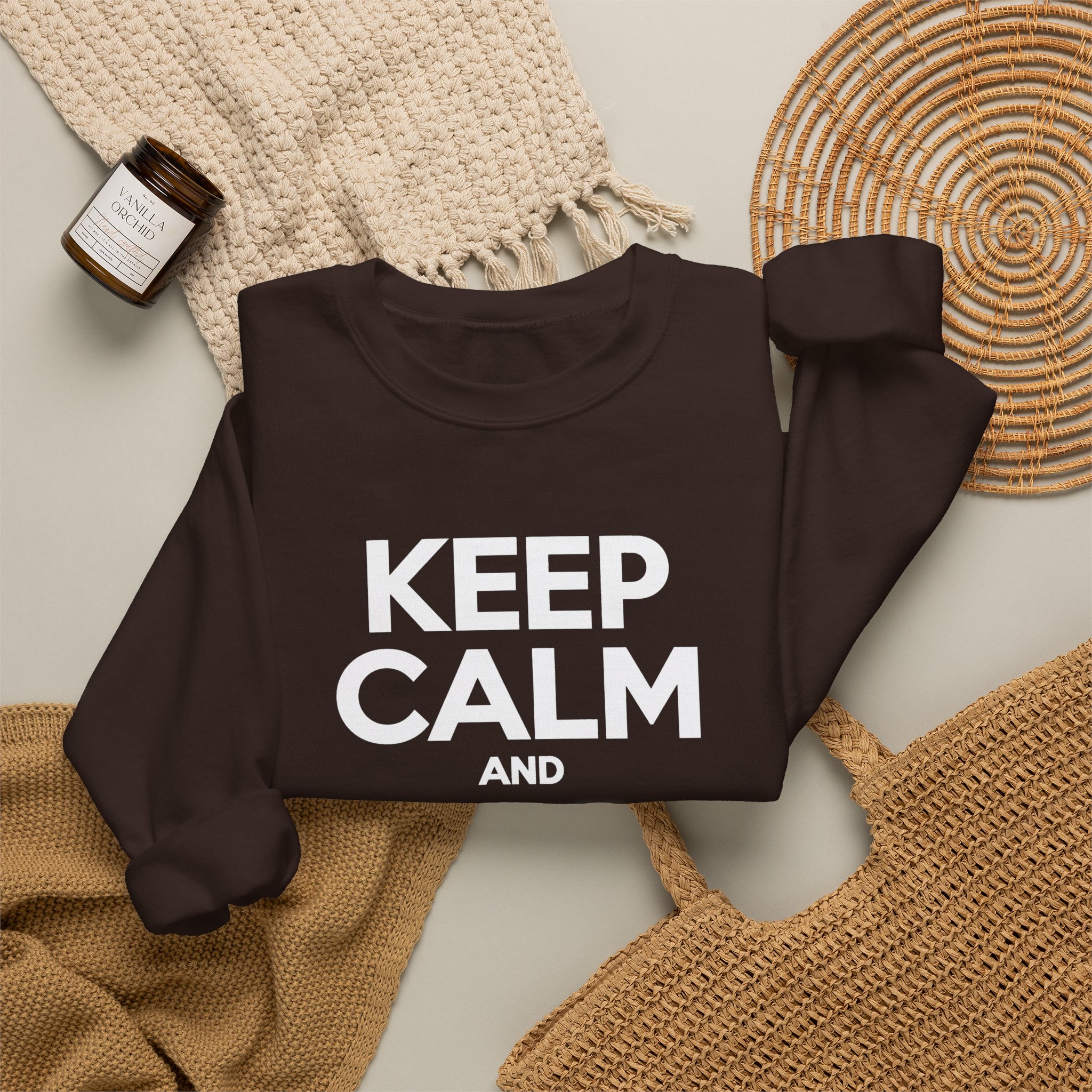 Keep Calm and Take a Break crewneck sweatshirt in Dark Chocolate, folded 2
